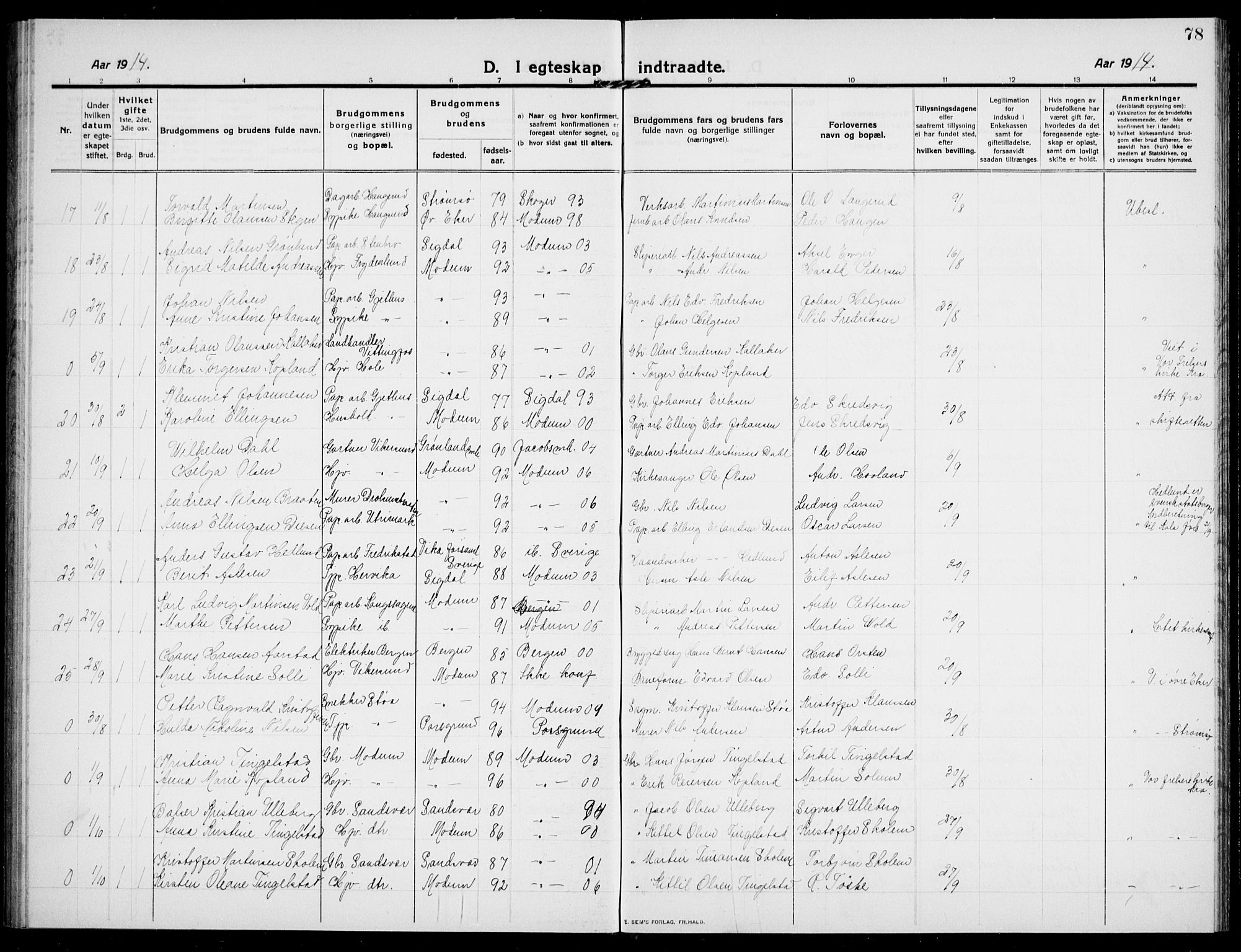 Modum kirkebøker, AV/SAKO-A-234/G/Ga/L0010: Parish register (copy) no. I 10, 1909-1923, p. 78