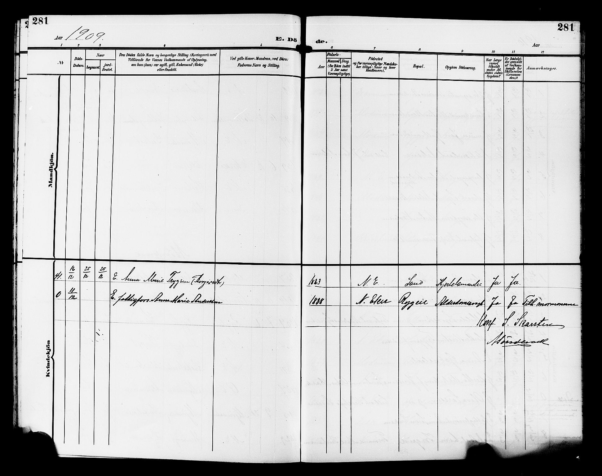 Nedre Eiker kirkebøker, AV/SAKO-A-612/G/Ga/L0004: Parish register (copy) no. 4, 1905-1912, p. 281