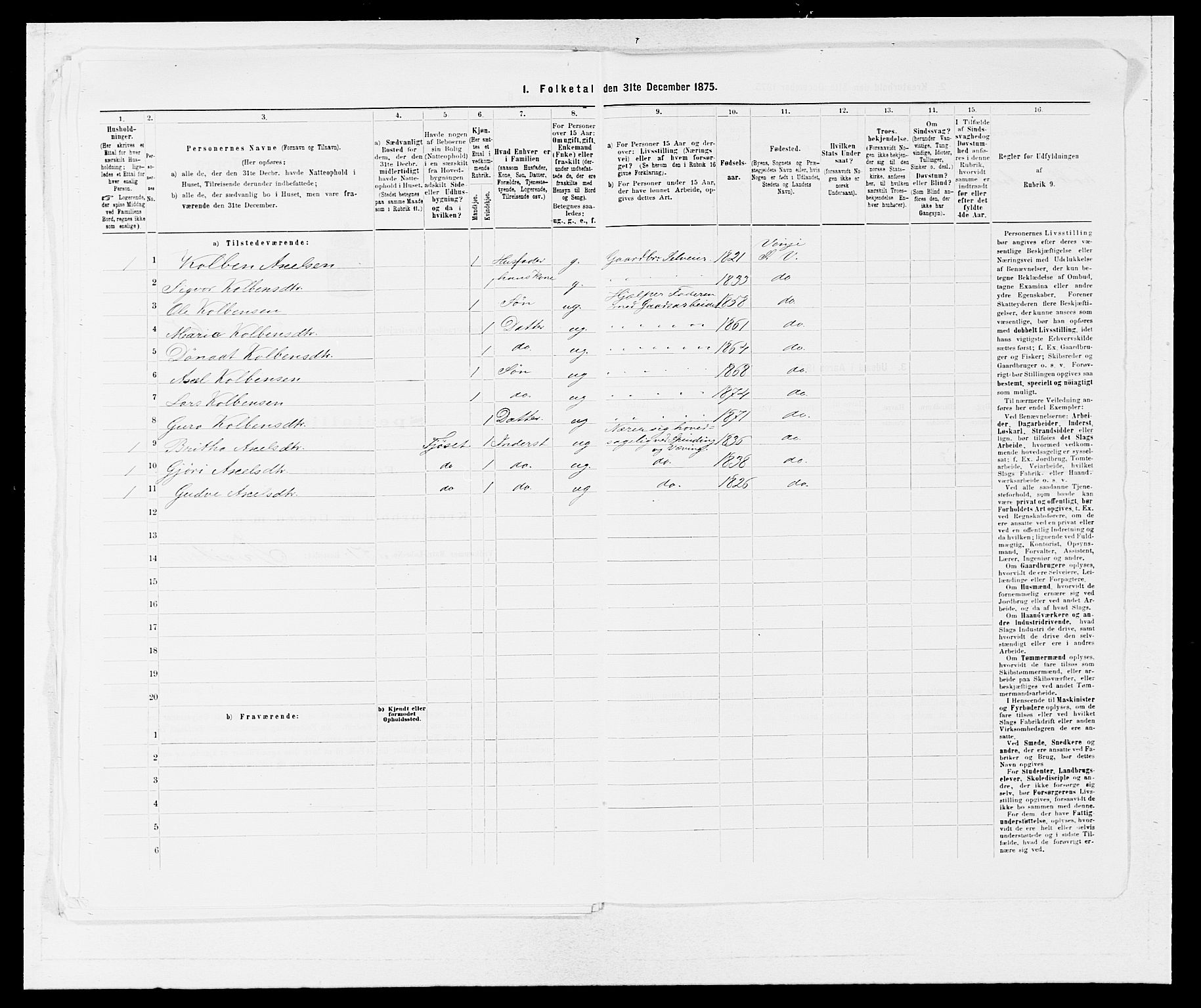 SAB, 1875 census for 1236P Vossestrand, 1875, p. 330