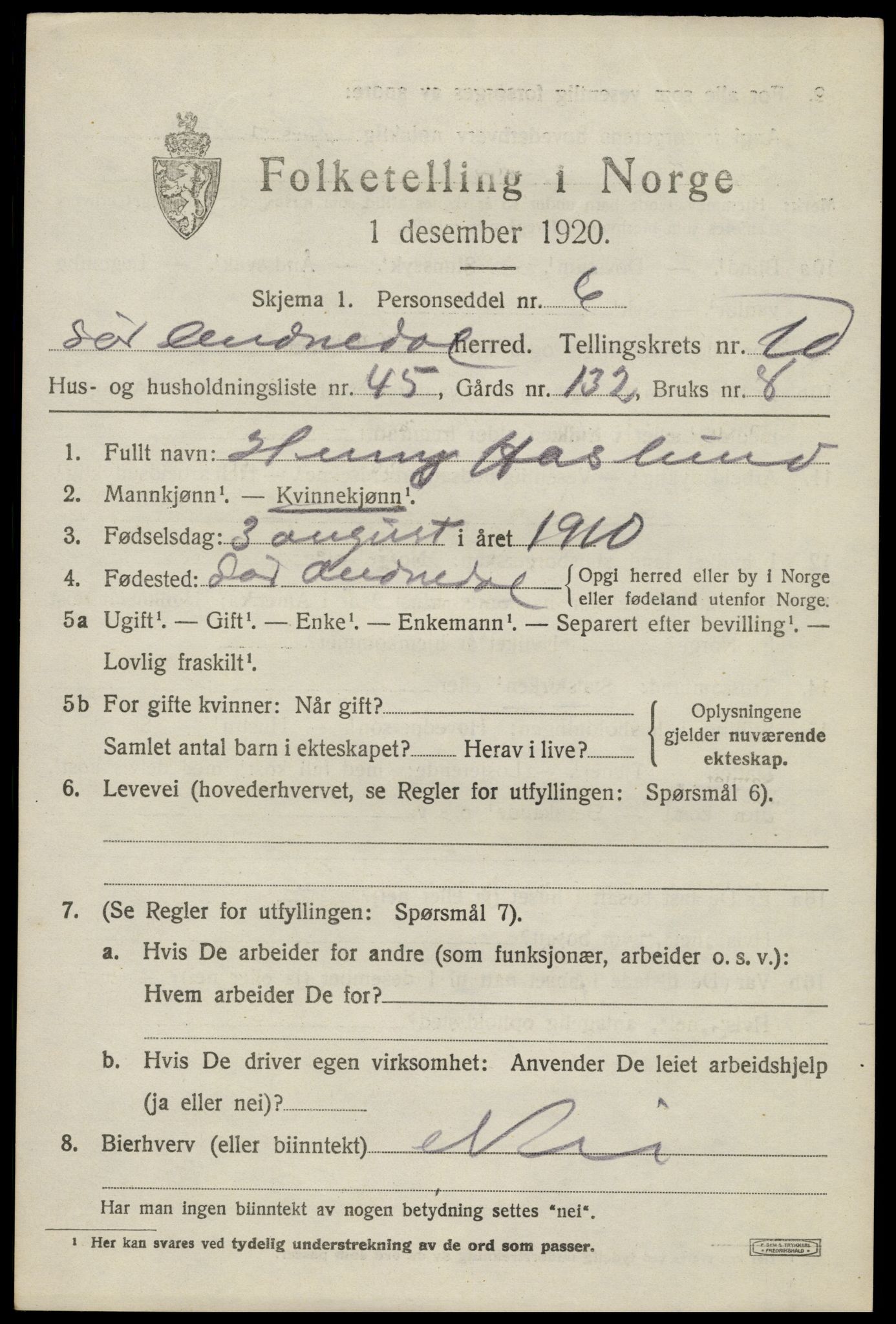 SAK, 1920 census for Sør-Audnedal, 1920, p. 4223