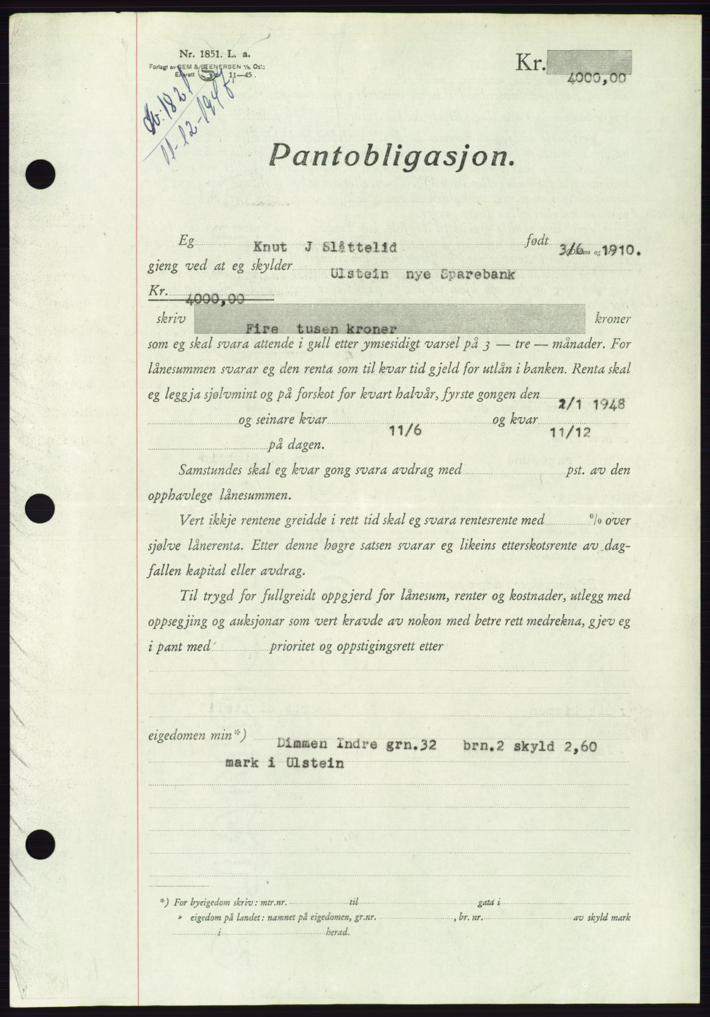 Søre Sunnmøre sorenskriveri, AV/SAT-A-4122/1/2/2C/L0115: Mortgage book no. 3B, 1947-1948, Diary no: : 1821/1947