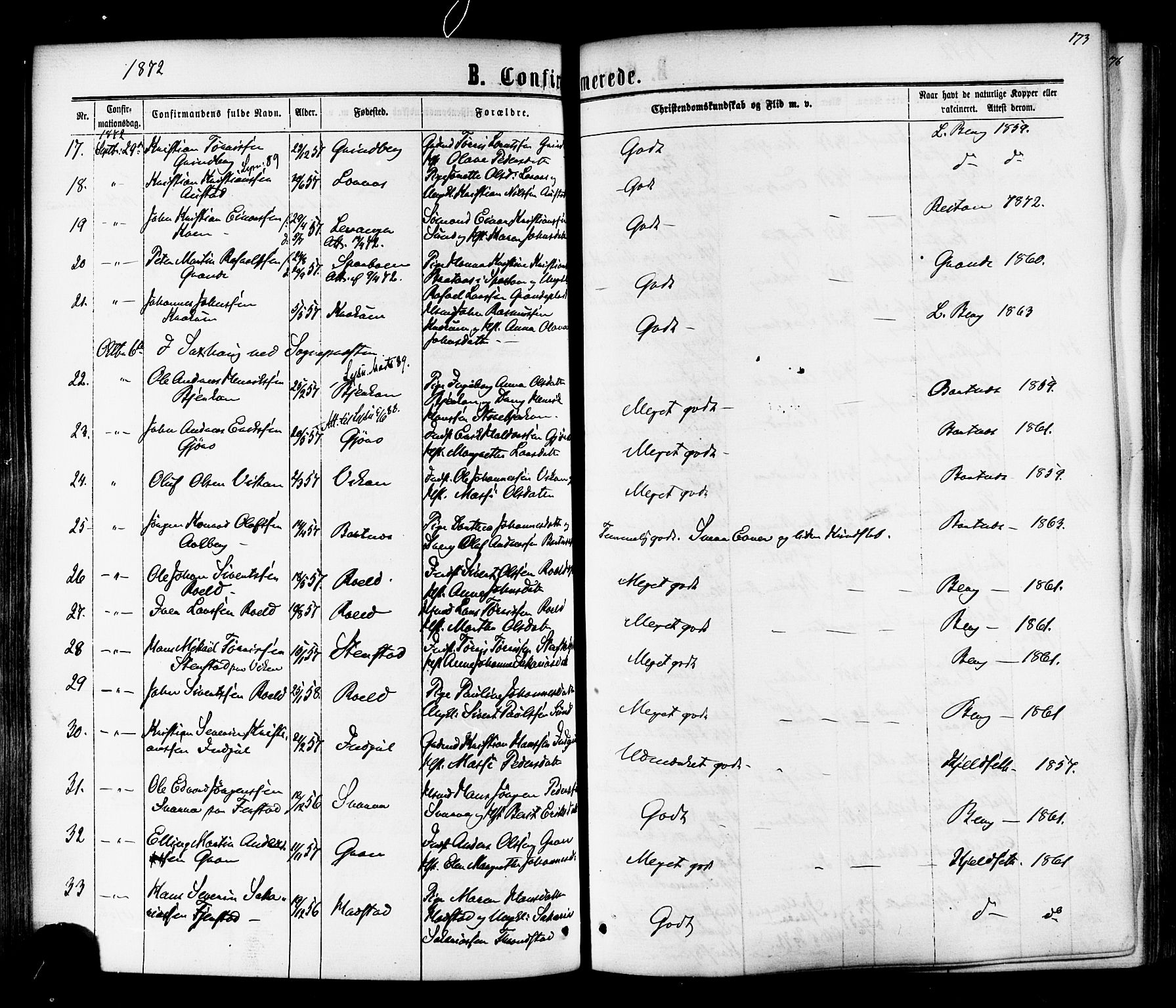 Ministerialprotokoller, klokkerbøker og fødselsregistre - Nord-Trøndelag, SAT/A-1458/730/L0284: Parish register (official) no. 730A09, 1866-1878, p. 173