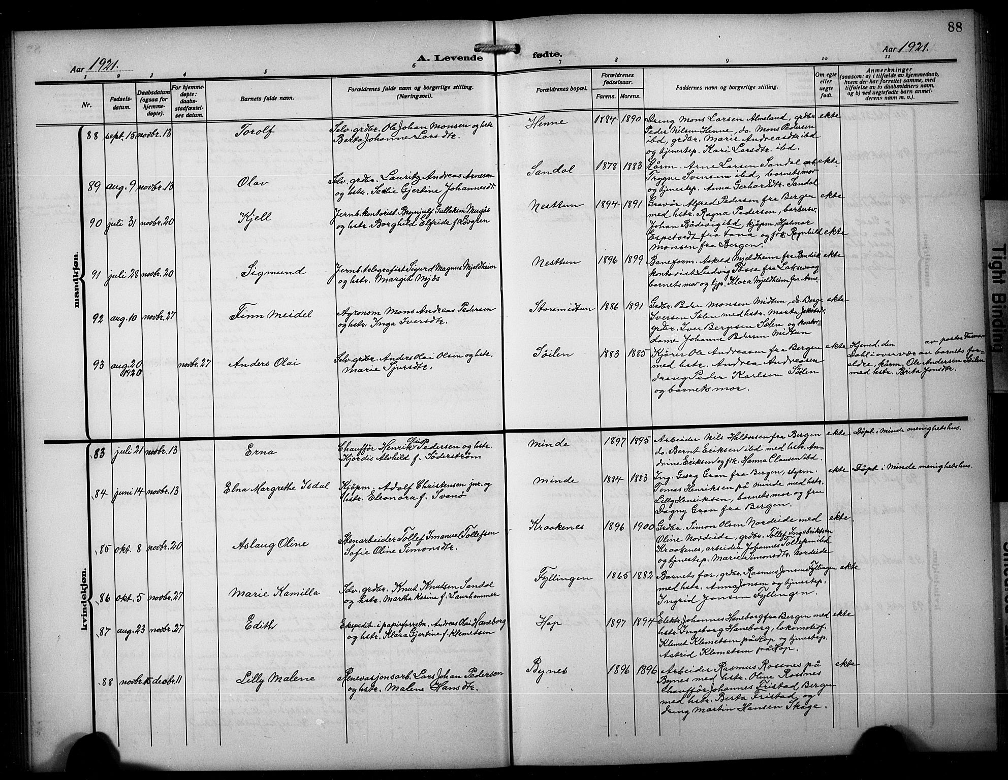 Birkeland Sokneprestembete, AV/SAB-A-74601/H/Hab: Parish register (copy) no. A 7, 1916-1923, p. 88