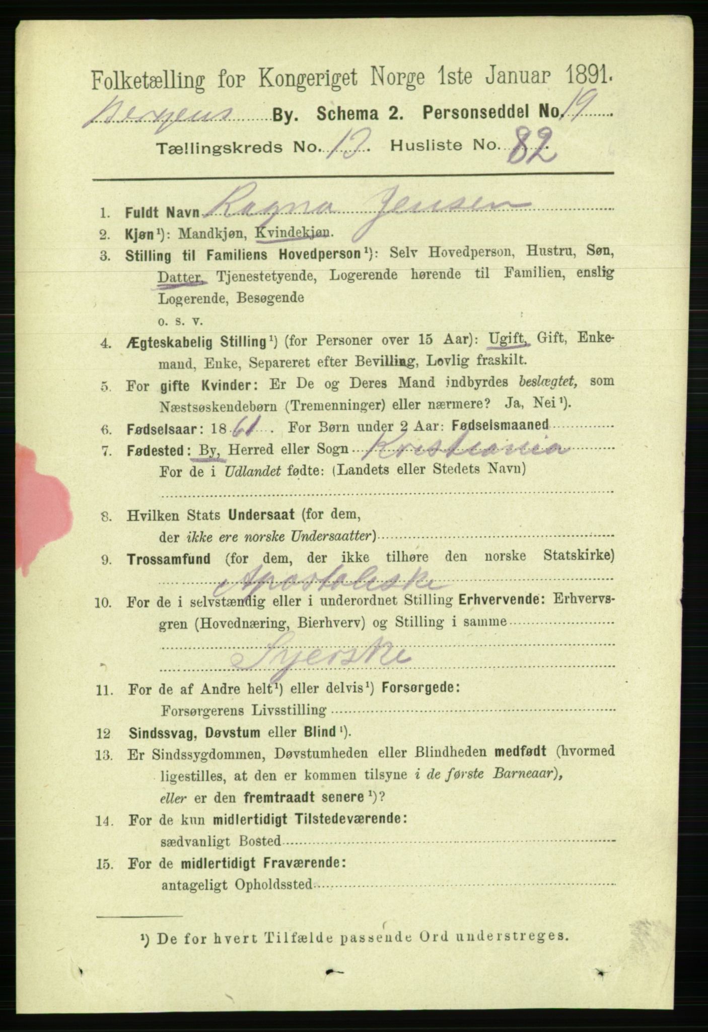 RA, 1891 Census for 1301 Bergen, 1891, p. 23274