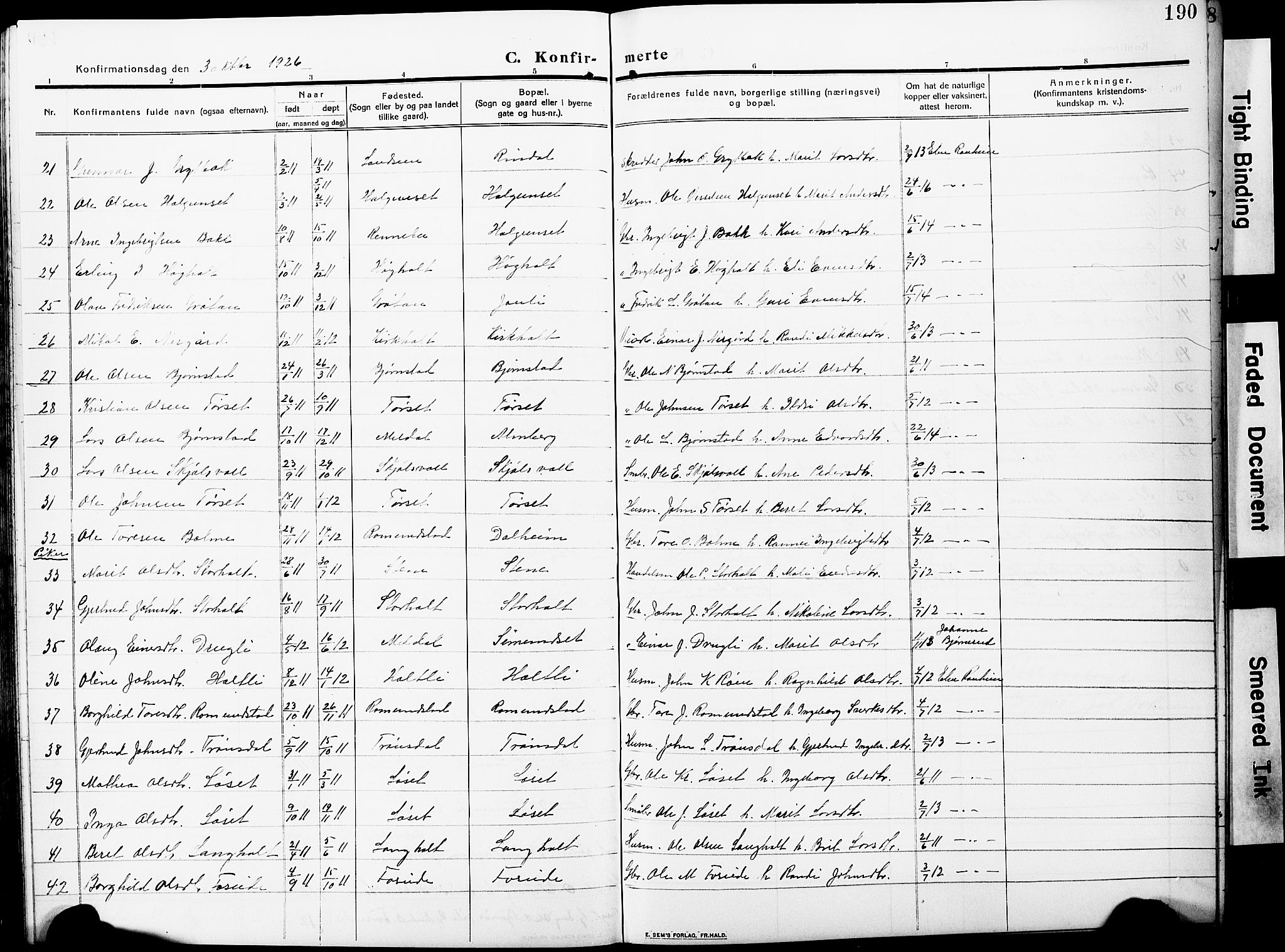 Ministerialprotokoller, klokkerbøker og fødselsregistre - Møre og Romsdal, AV/SAT-A-1454/598/L1079: Parish register (copy) no. 598C04, 1909-1927, p. 190