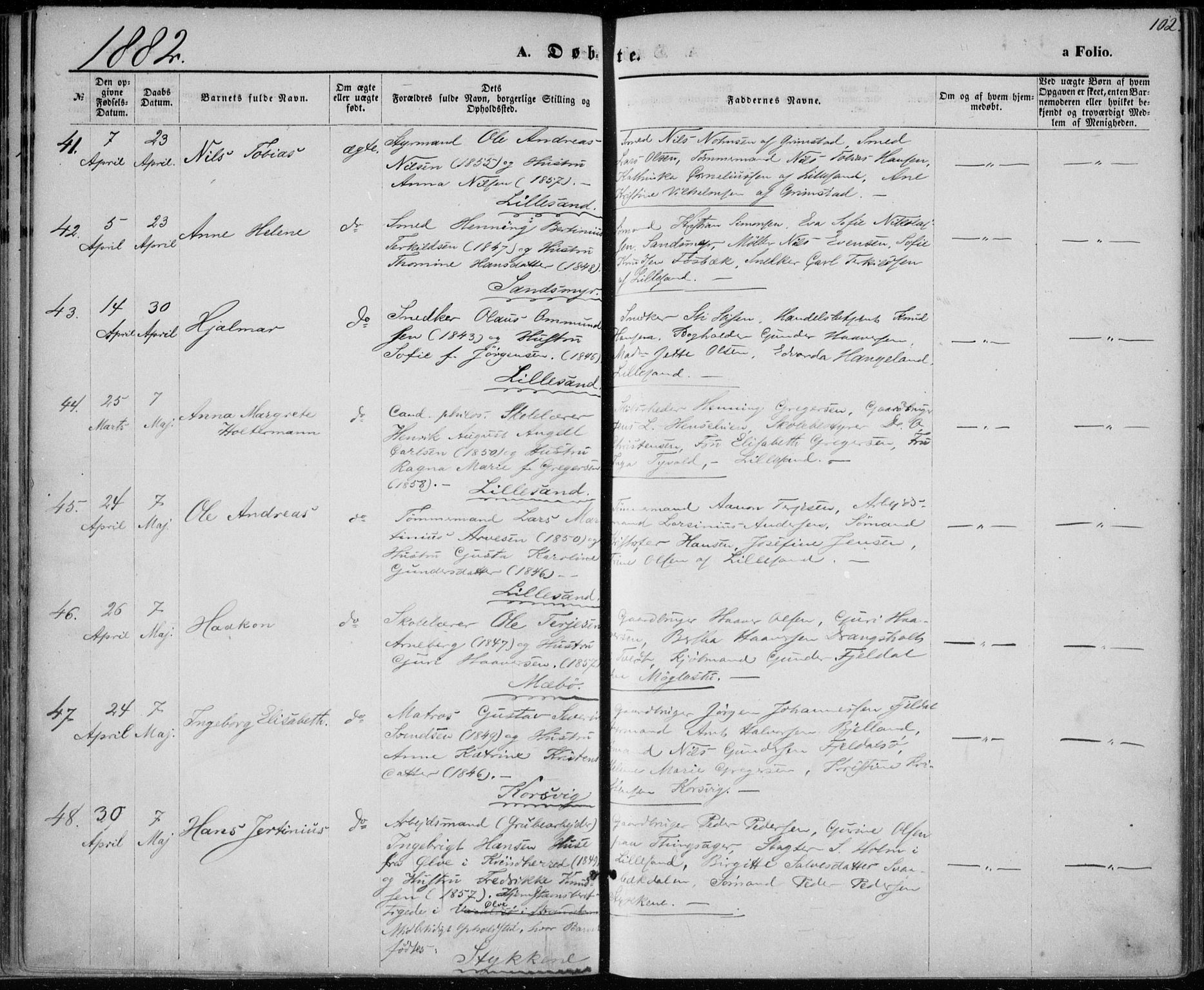 Vestre Moland sokneprestkontor, SAK/1111-0046/F/Fa/Fab/L0008: Parish register (official) no. A 8, 1873-1883, p. 102