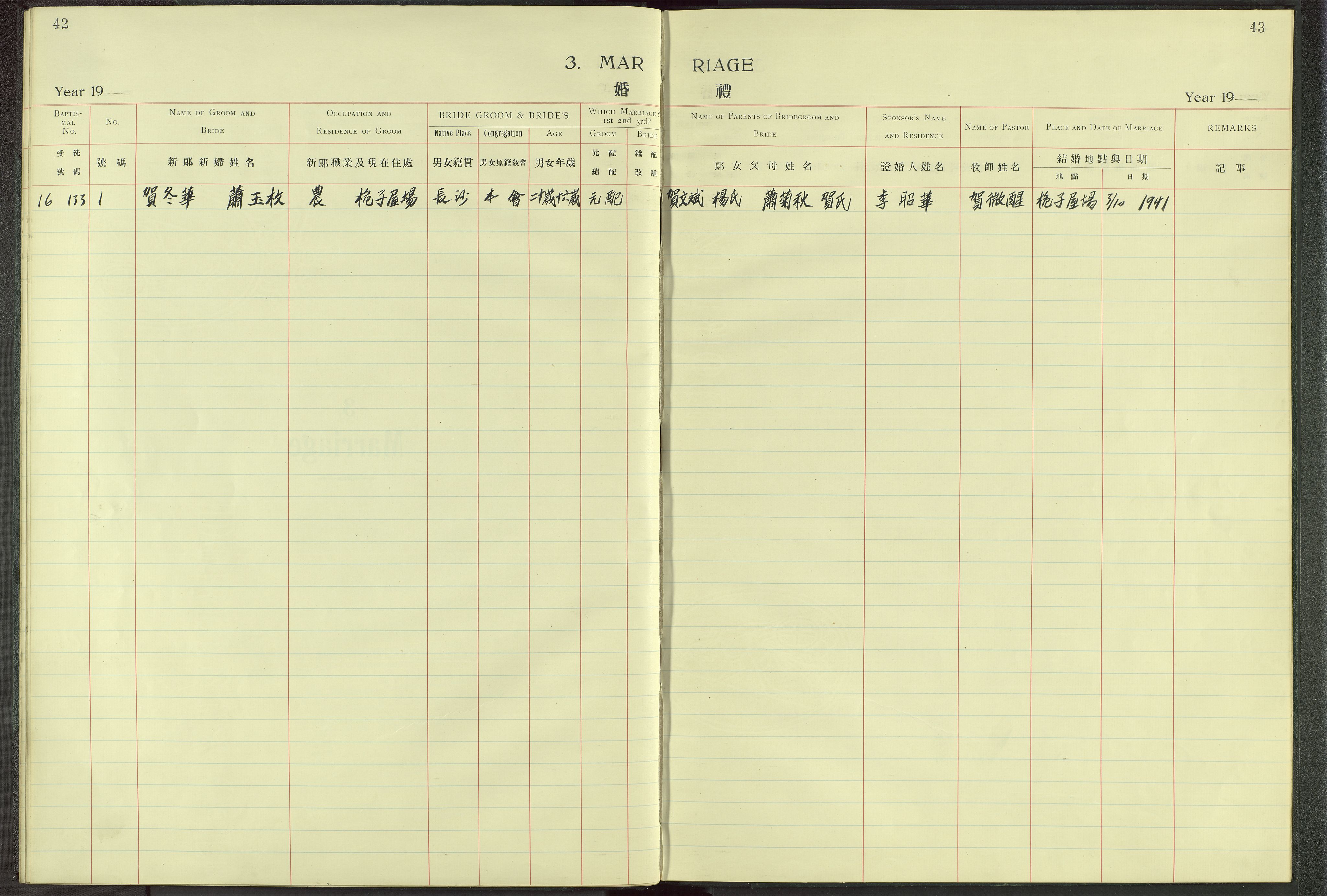 Det Norske Misjonsselskap - utland - Kina (Hunan), VID/MA-A-1065/Dm/L0003: Parish register (official) no. 48, 1926-1947, p. 42-43