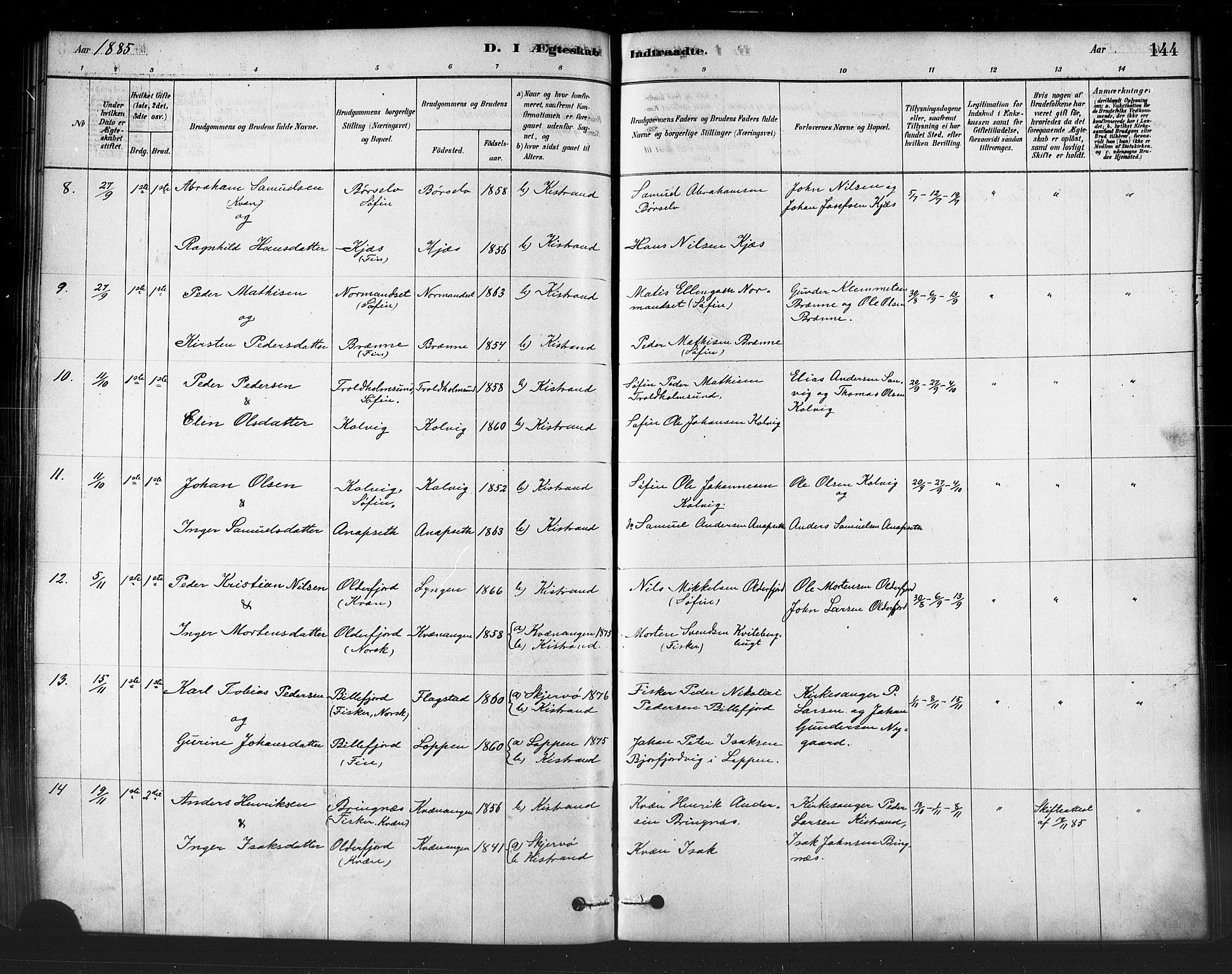 Kistrand/Porsanger sokneprestembete, SATØ/S-1351/H/Ha/L0007.kirke: Parish register (official) no. 7, 1881-1889, p. 144