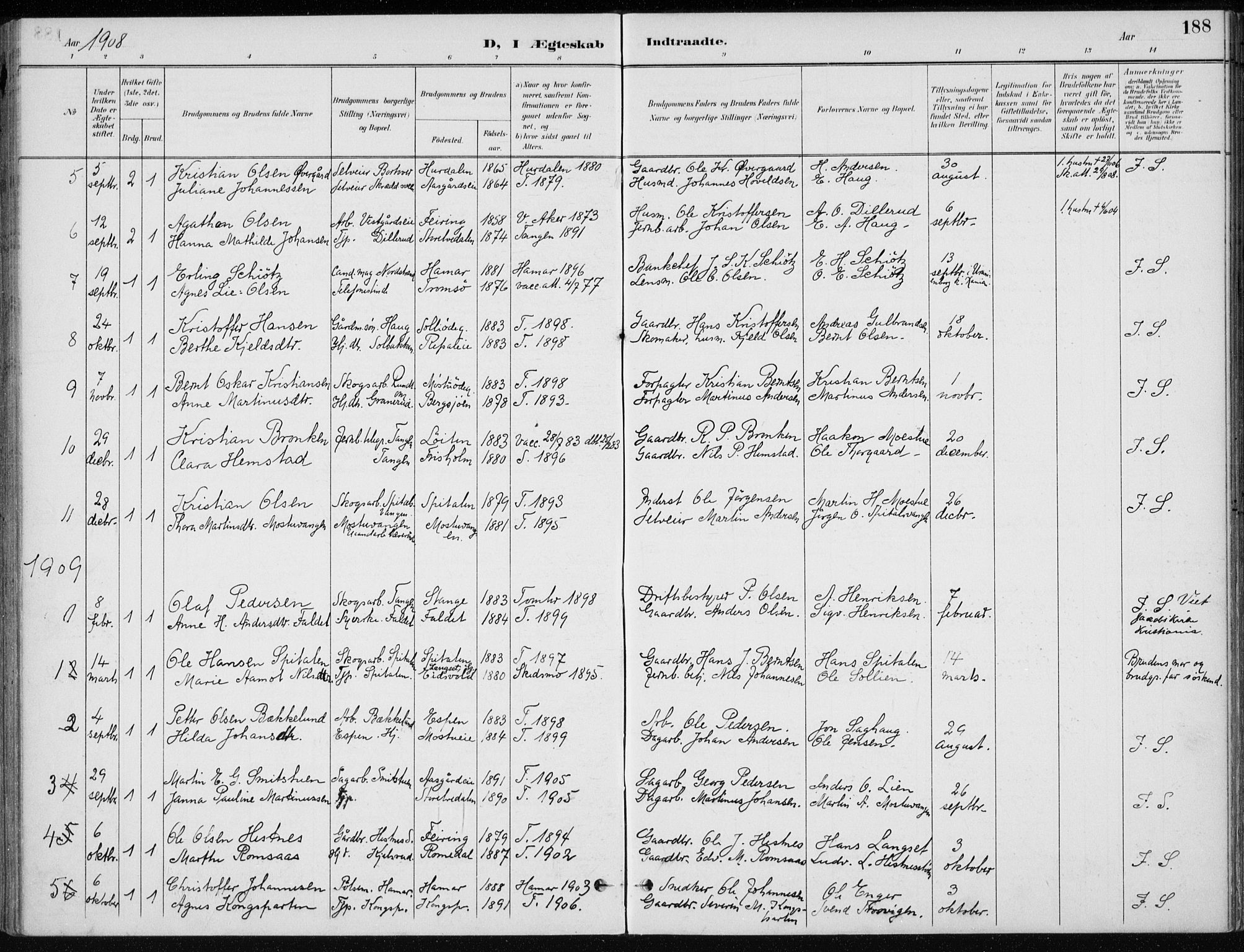 Stange prestekontor, AV/SAH-PREST-002/K/L0023: Parish register (official) no. 23, 1897-1920, p. 188