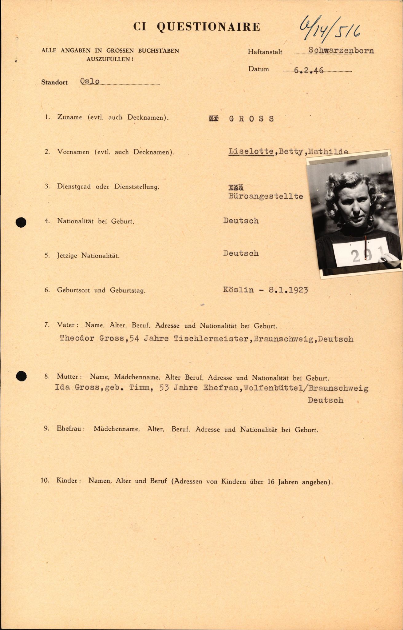 Forsvaret, Forsvarets overkommando II, RA/RAFA-3915/D/Db/L0010: CI Questionaires. Tyske okkupasjonsstyrker i Norge. Tyskere., 1945-1946, p. 265