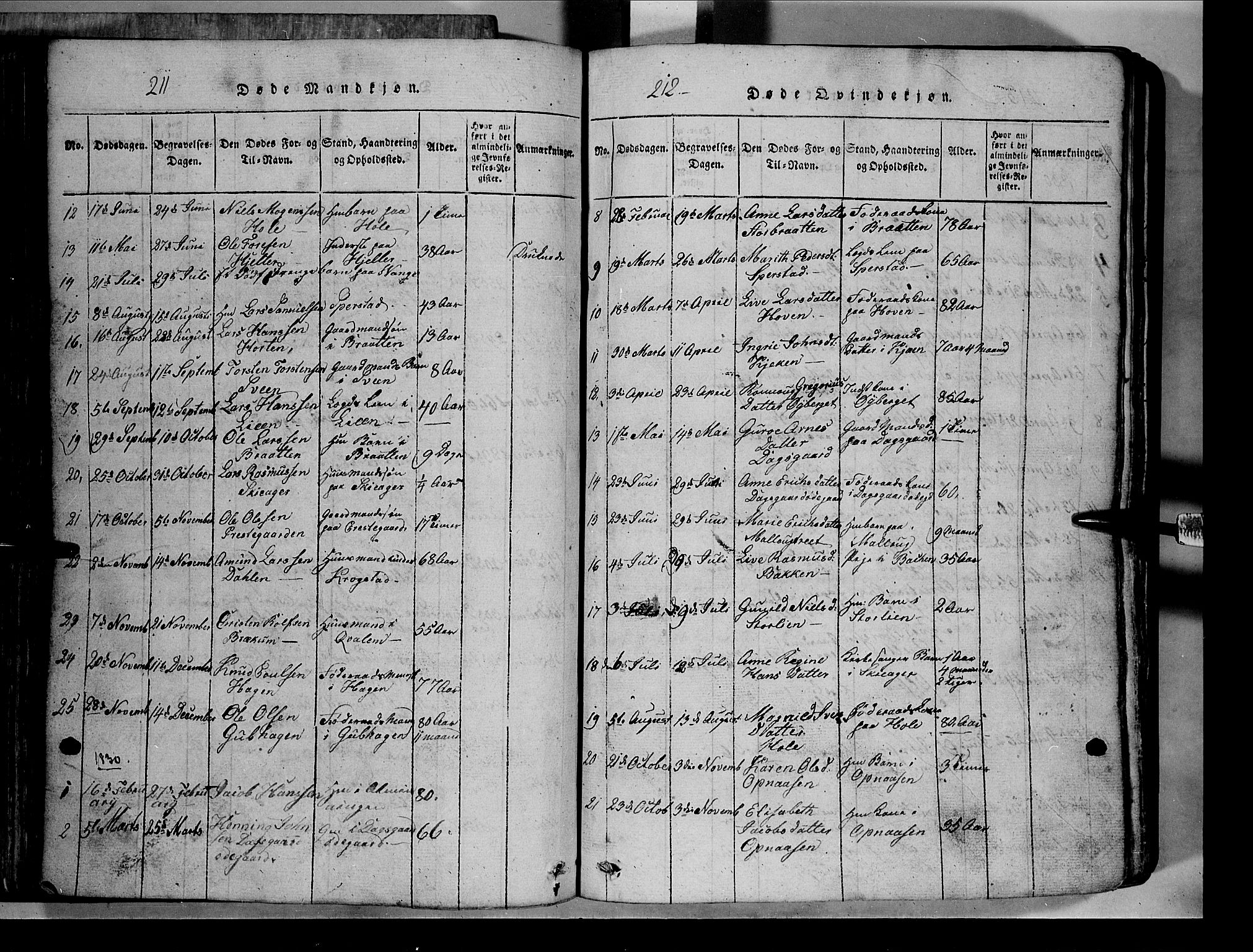 Lom prestekontor, SAH/PREST-070/L/L0003: Parish register (copy) no. 3, 1815-1844, p. 211-212