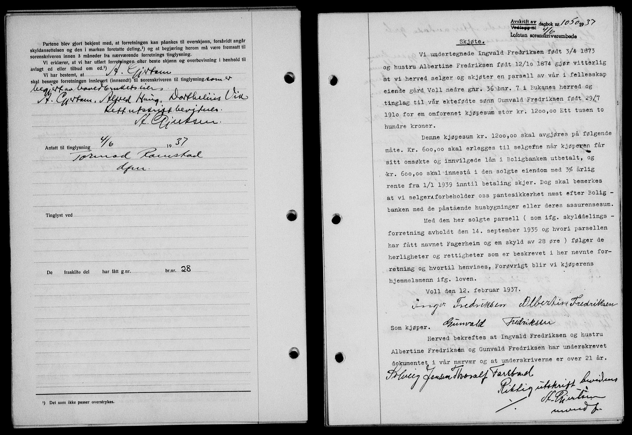 Lofoten sorenskriveri, SAT/A-0017/1/2/2C/L0002a: Mortgage book no. 2a, 1937-1937, Diary no: : 1050/1937