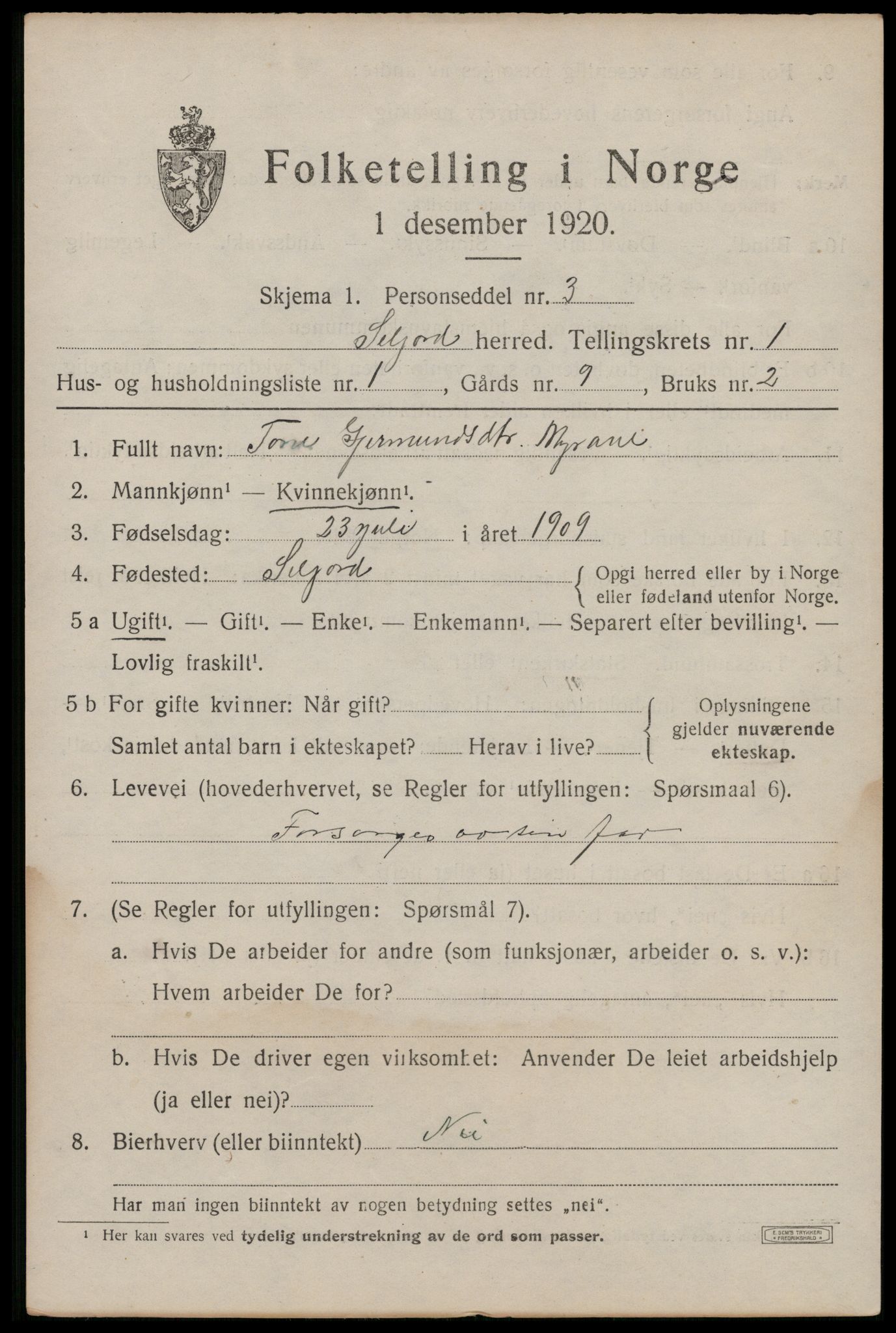 SAKO, 1920 census for Seljord, 1920, p. 1228