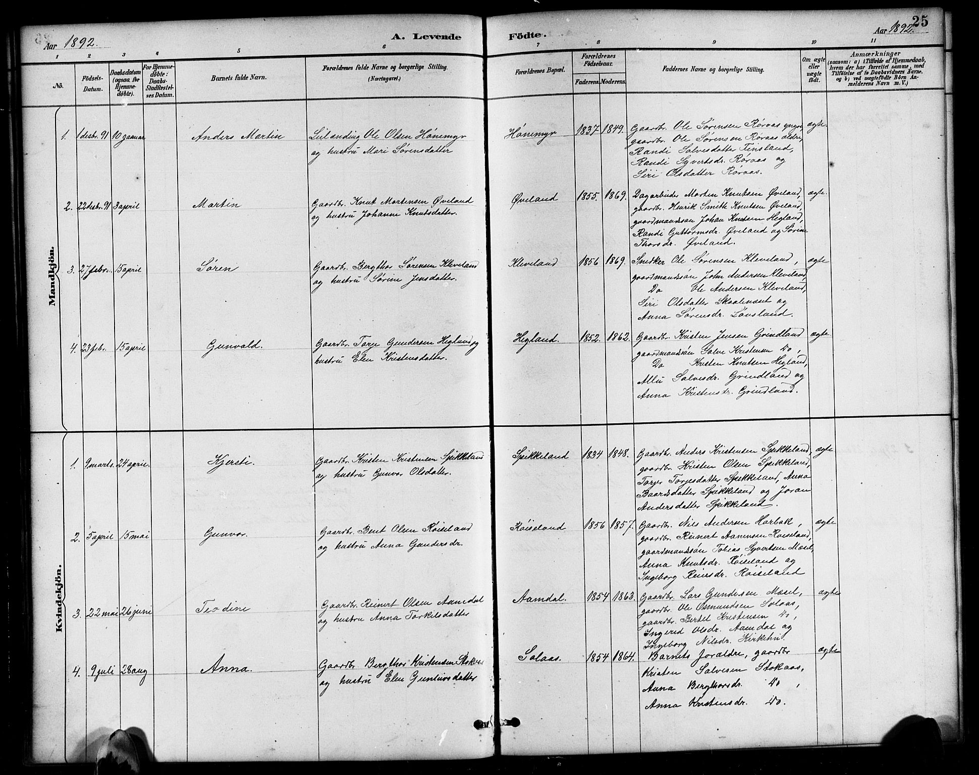 Bjelland sokneprestkontor, SAK/1111-0005/F/Fb/Fbb/L0005: Parish register (copy) no. B 5, 1887-1918, p. 25