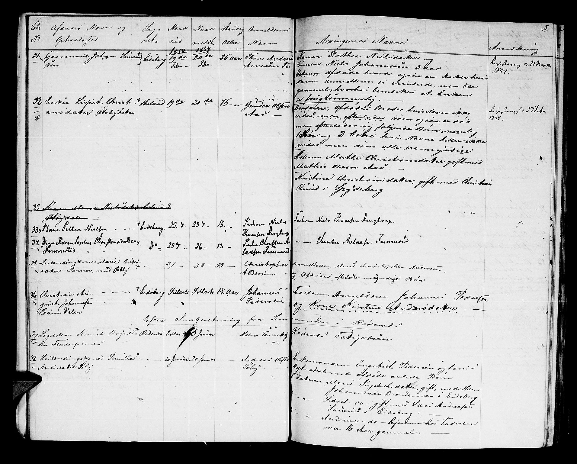 Rakkestad sorenskriveri, AV/SAO-A-10686/H/Ha/Haa/L0002: Dødsanmeldelsesprotokoller, 1854-1860, p. 5