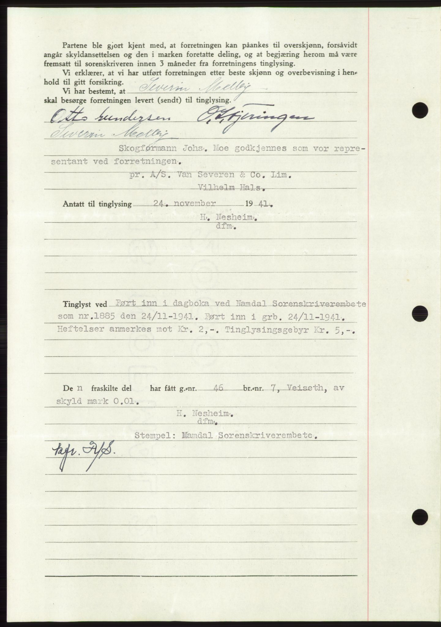 Namdal sorenskriveri, SAT/A-4133/1/2/2C: Mortgage book no. -, 1941-1942, Diary no: : 1885/1941