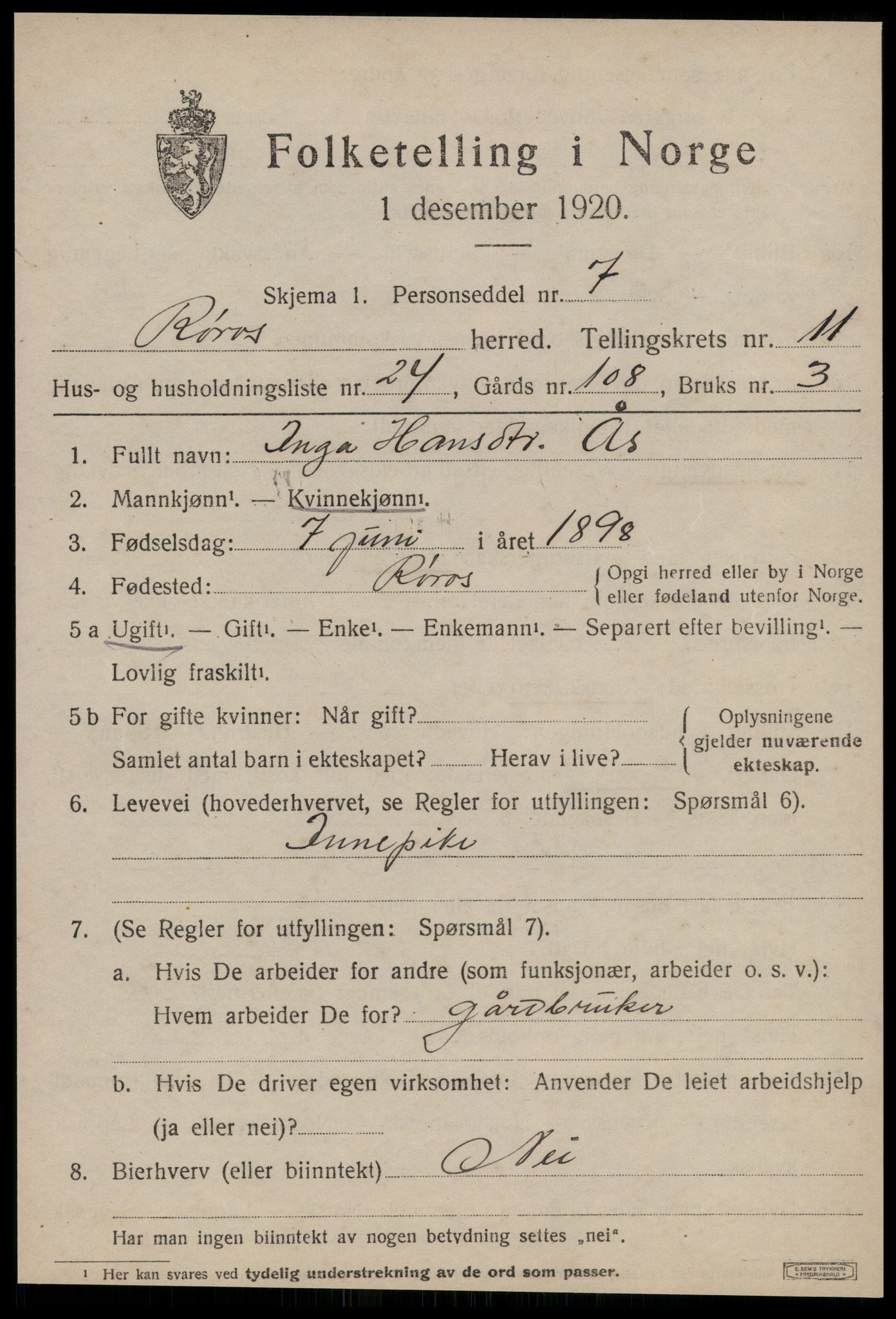 SAT, 1920 census for Røros, 1920, p. 8894