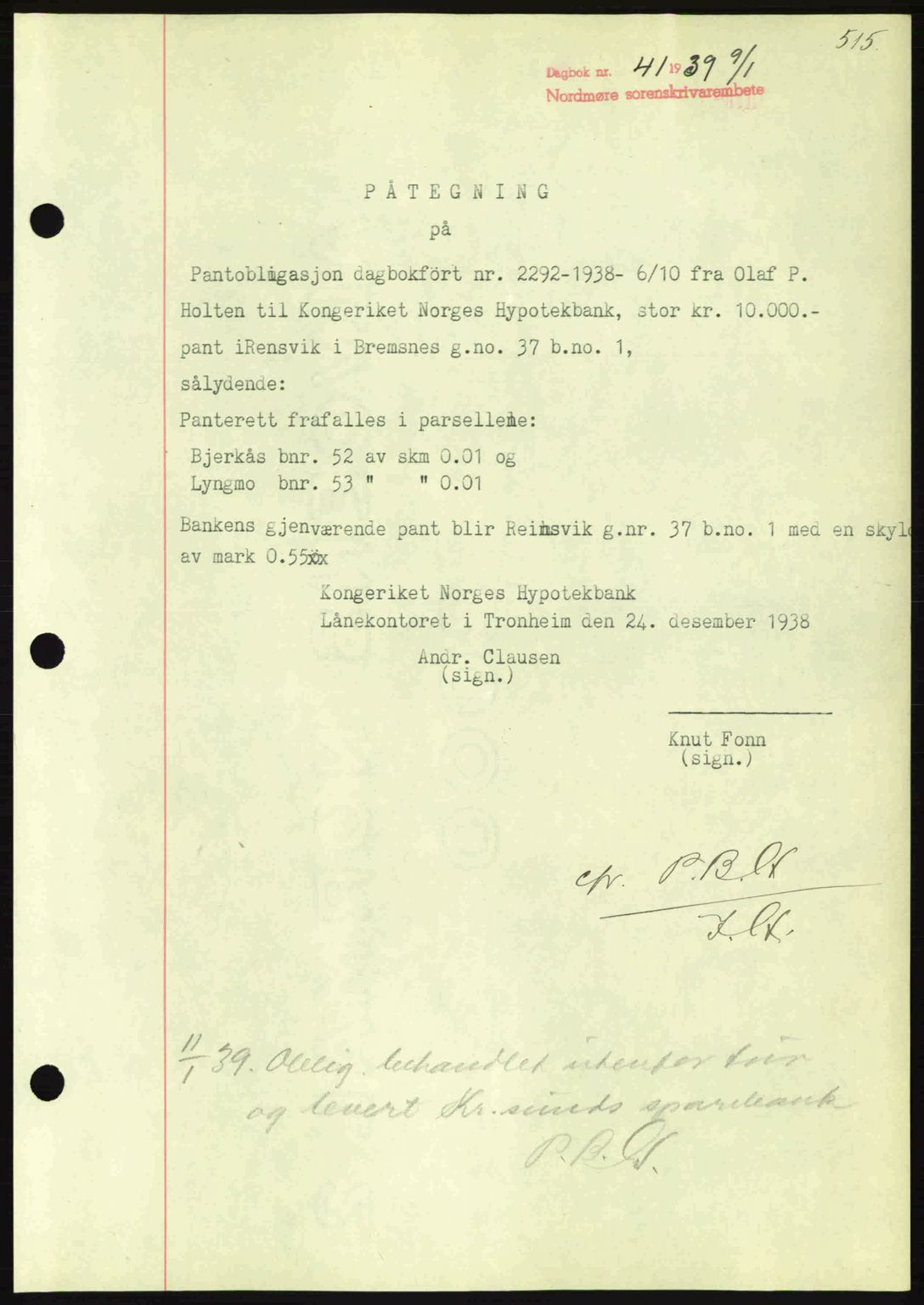 Nordmøre sorenskriveri, SAT/A-4132/1/2/2Ca: Mortgage book no. B84, 1938-1939, Diary no: : 41/1939