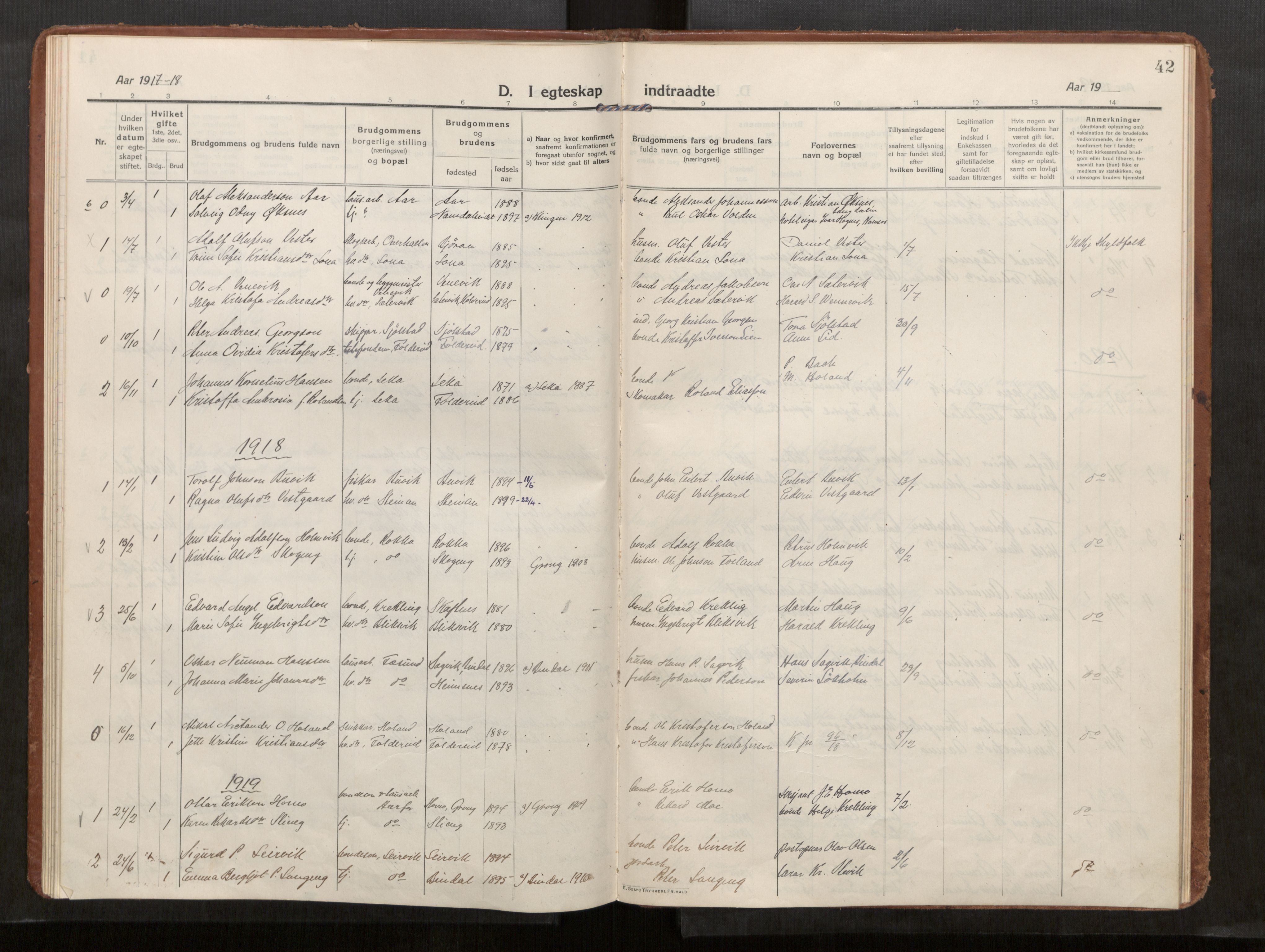 Kolvereid sokneprestkontor, SAT/A-1171/H/Ha/Haa/L0002: Parish register (official) no. 2, 1914-1926, p. 42