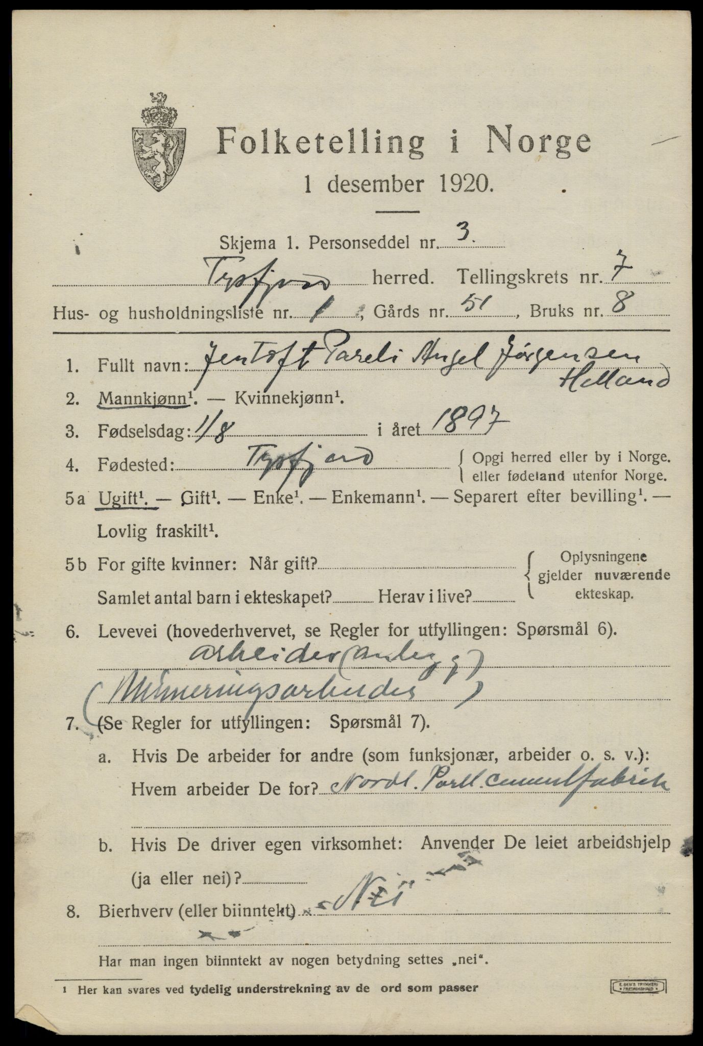 SAT, 1920 census for Tysfjord, 1920, p. 5149