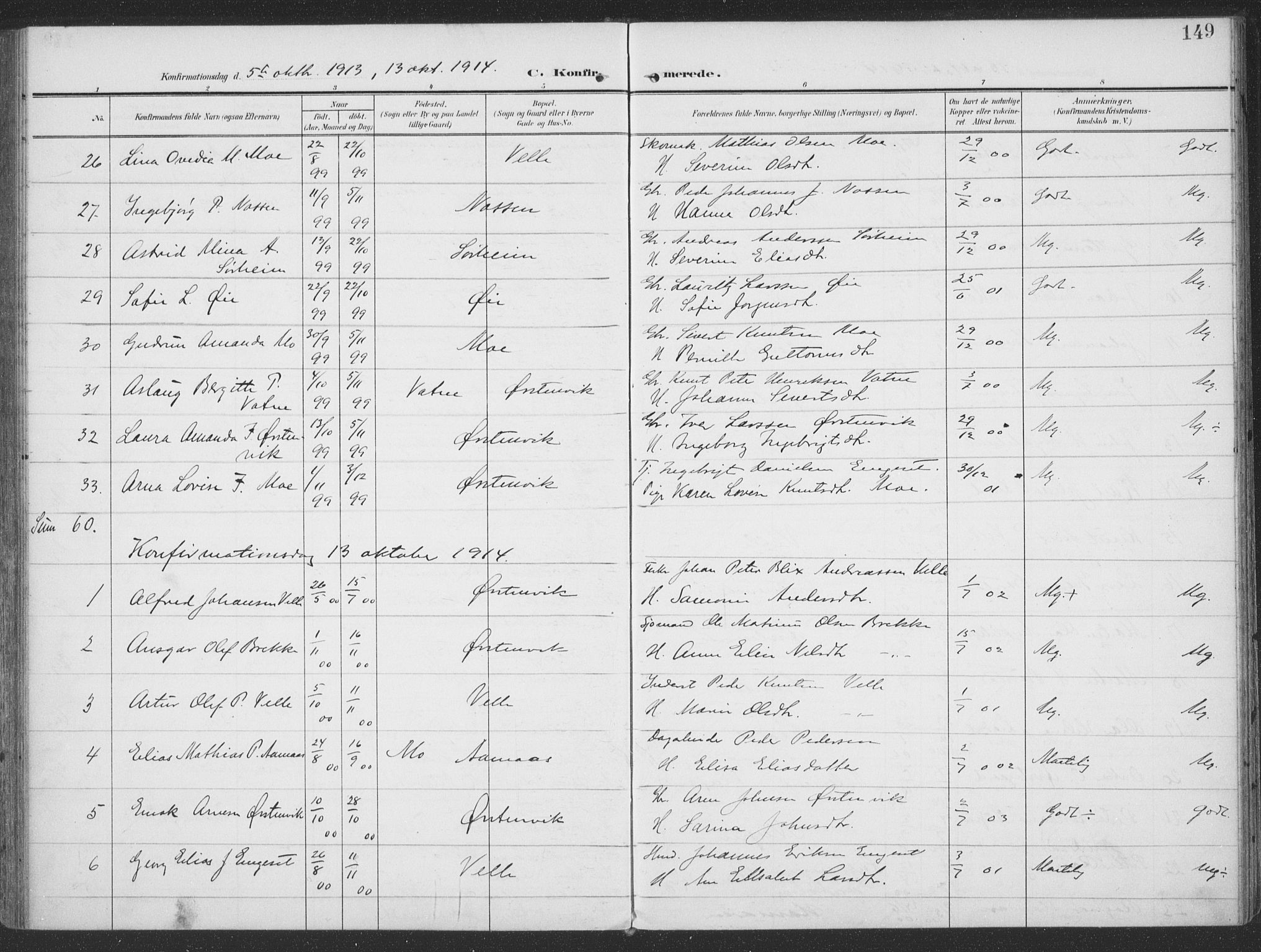 Ministerialprotokoller, klokkerbøker og fødselsregistre - Møre og Romsdal, AV/SAT-A-1454/513/L0178: Parish register (official) no. 513A05, 1906-1919, p. 149