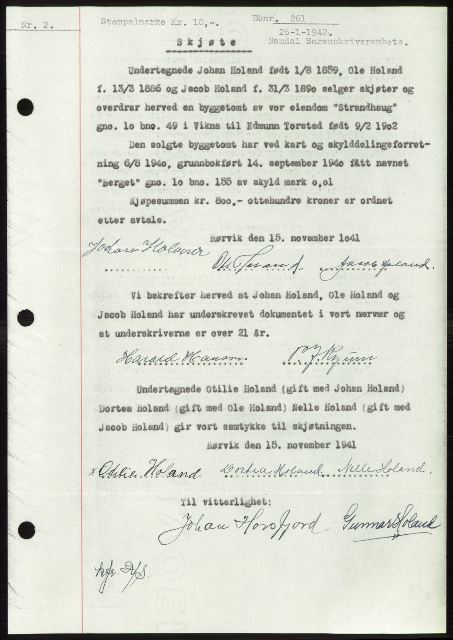 Namdal sorenskriveri, SAT/A-4133/1/2/2C: Mortgage book no. -, 1941-1942, Diary no: : 261/1942