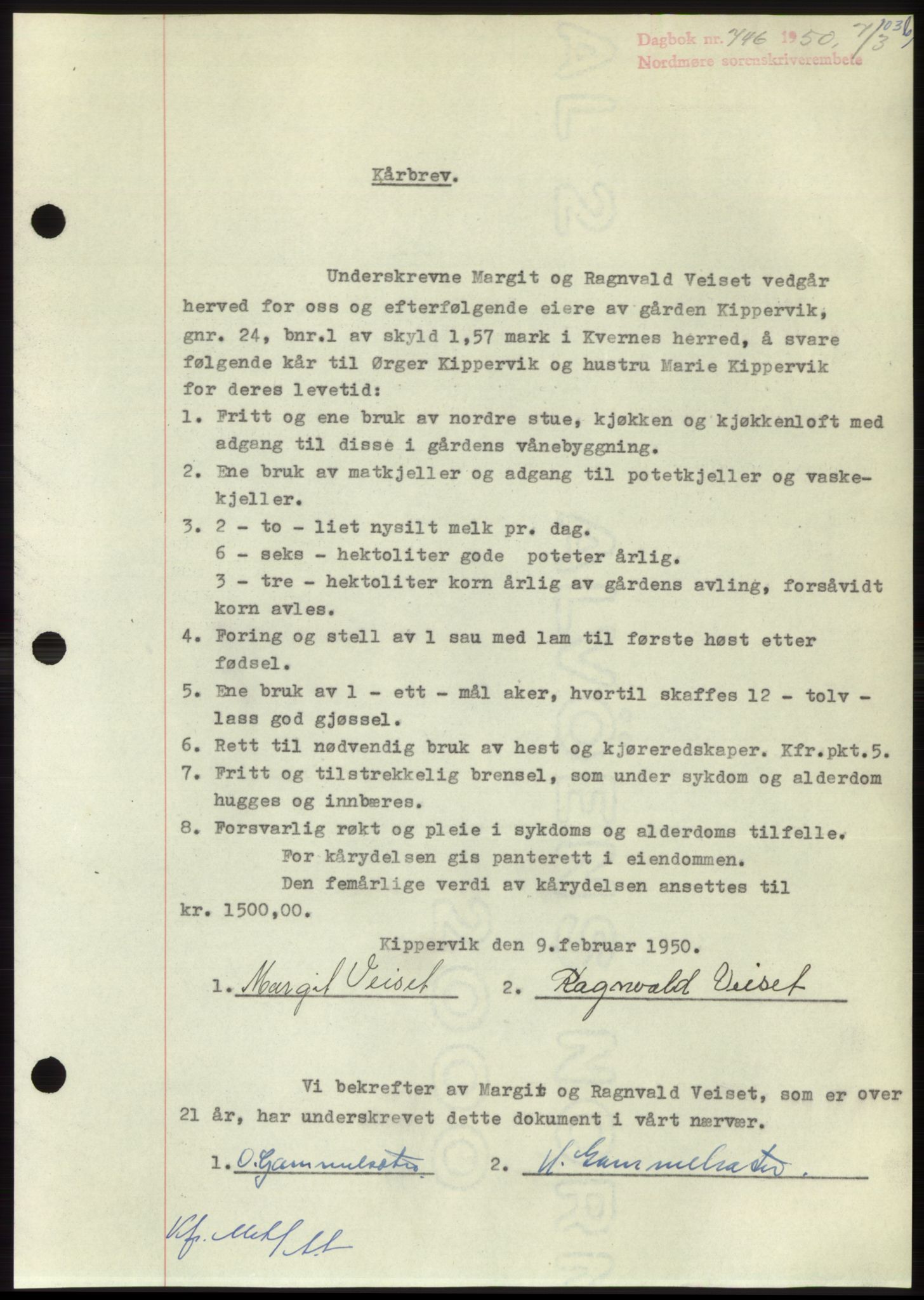 Nordmøre sorenskriveri, AV/SAT-A-4132/1/2/2Ca: Mortgage book no. B104, 1950-1950, Diary no: : 746/1950