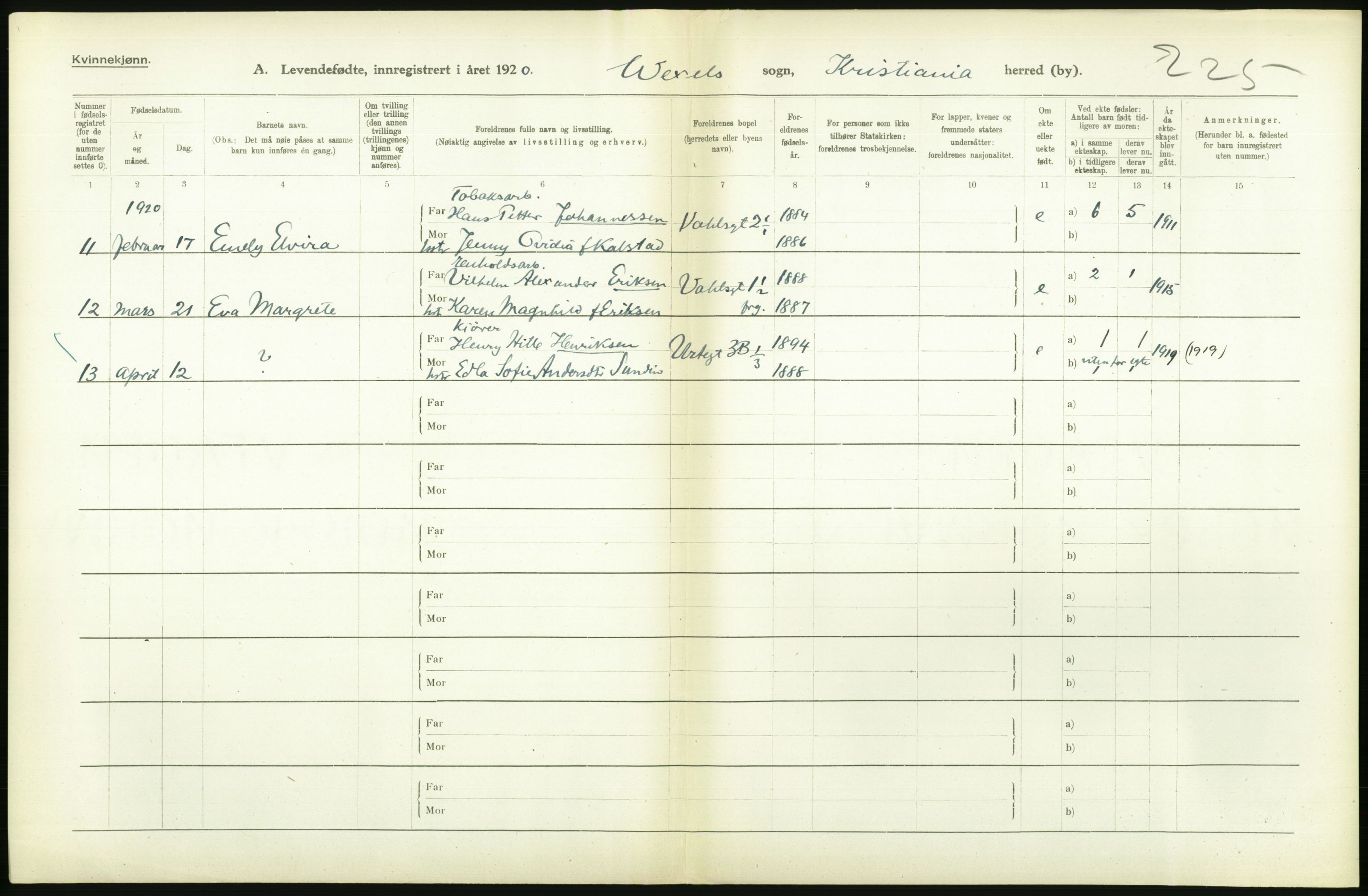 Statistisk sentralbyrå, Sosiodemografiske emner, Befolkning, AV/RA-S-2228/D/Df/Dfb/Dfbj/L0008: Kristiania: Levendefødte menn og kvinner., 1920, p. 308