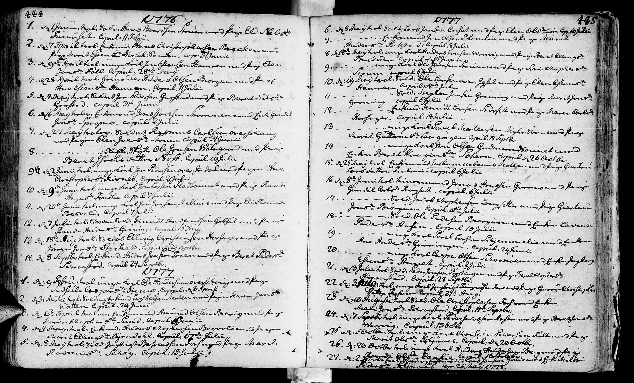 Ministerialprotokoller, klokkerbøker og fødselsregistre - Sør-Trøndelag, SAT/A-1456/646/L0605: Parish register (official) no. 646A03, 1751-1790, p. 444-445