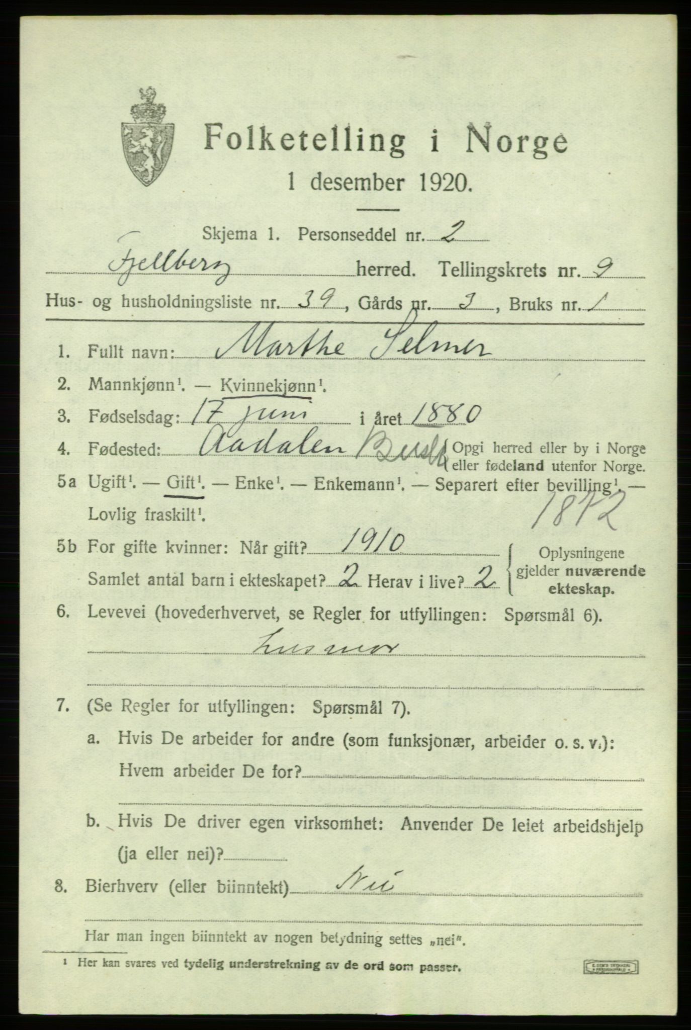 SAB, 1920 census for Fjelberg, 1920, p. 4413