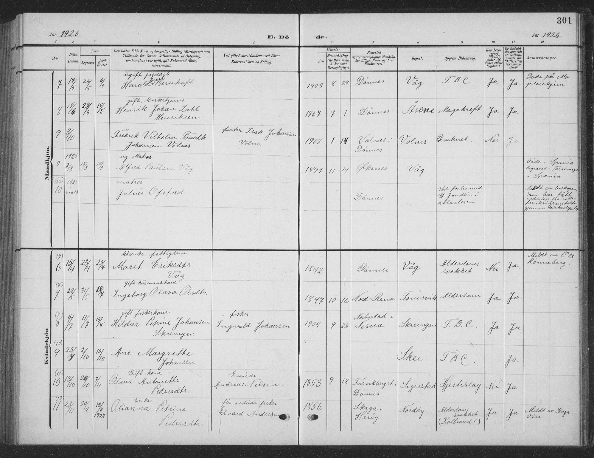 Ministerialprotokoller, klokkerbøker og fødselsregistre - Nordland, AV/SAT-A-1459/835/L0533: Parish register (copy) no. 835C05, 1906-1939, p. 301