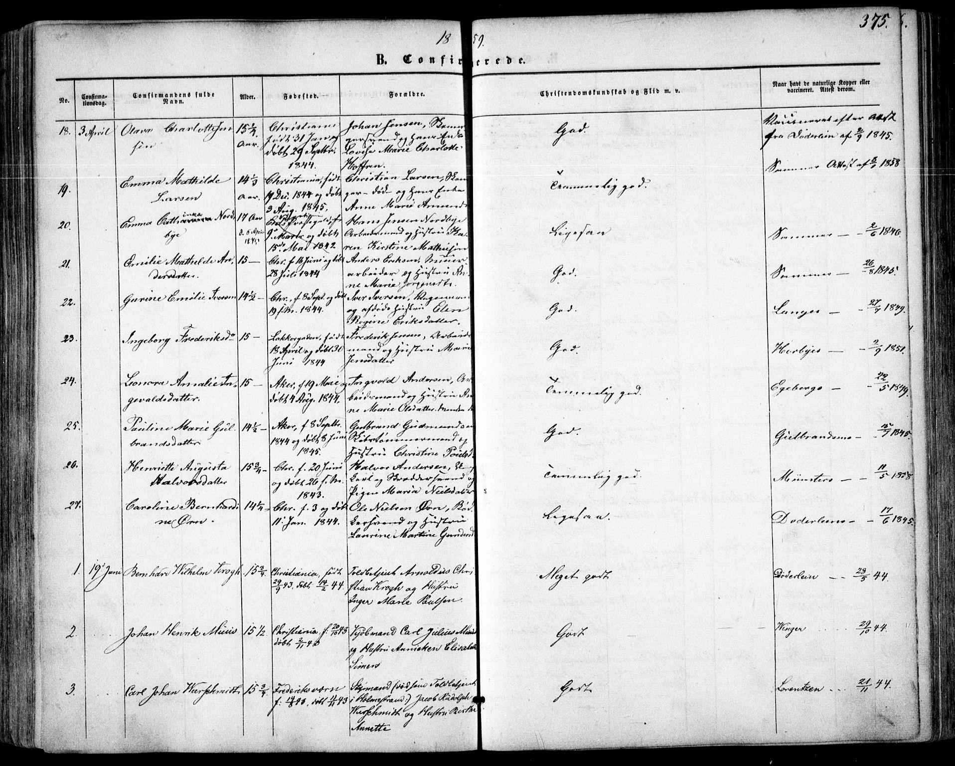 Oslo domkirke Kirkebøker, SAO/A-10752/F/Fa/L0015: Parish register (official) no. 15, 1857-1871, p. 375