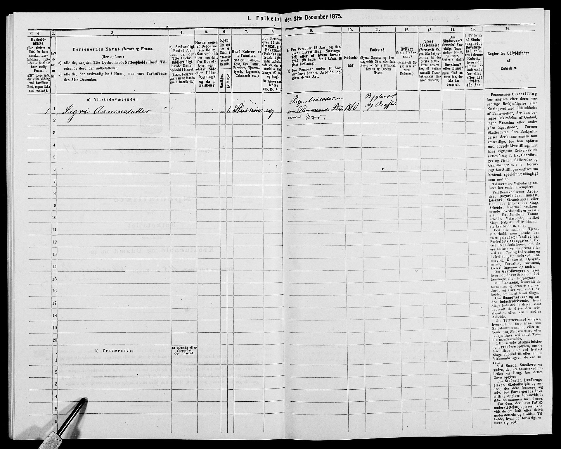 SAK, 1875 census for 0938P Bygland, 1875, p. 453