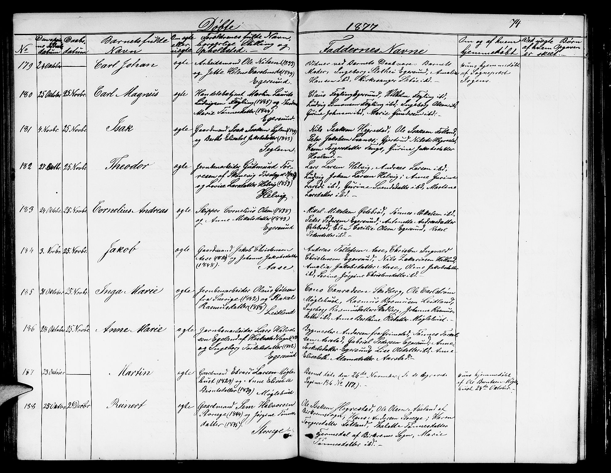 Eigersund sokneprestkontor, AV/SAST-A-101807/S09/L0005: Parish register (copy) no. B 5, 1872-1881, p. 74