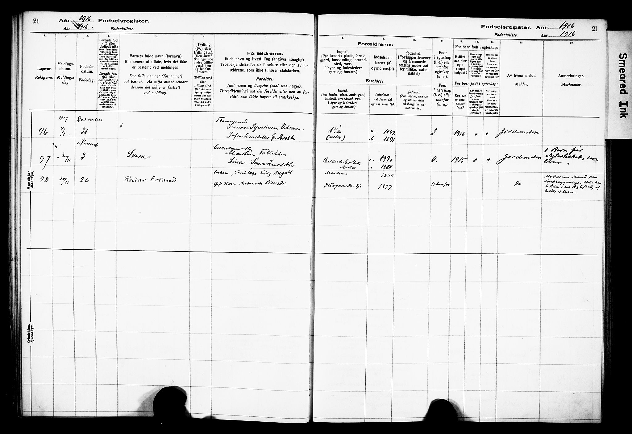Ringsaker prestekontor, AV/SAH-PREST-014/O/Oa/L0001: Birth register no. 1, 1916-1925, p. 21