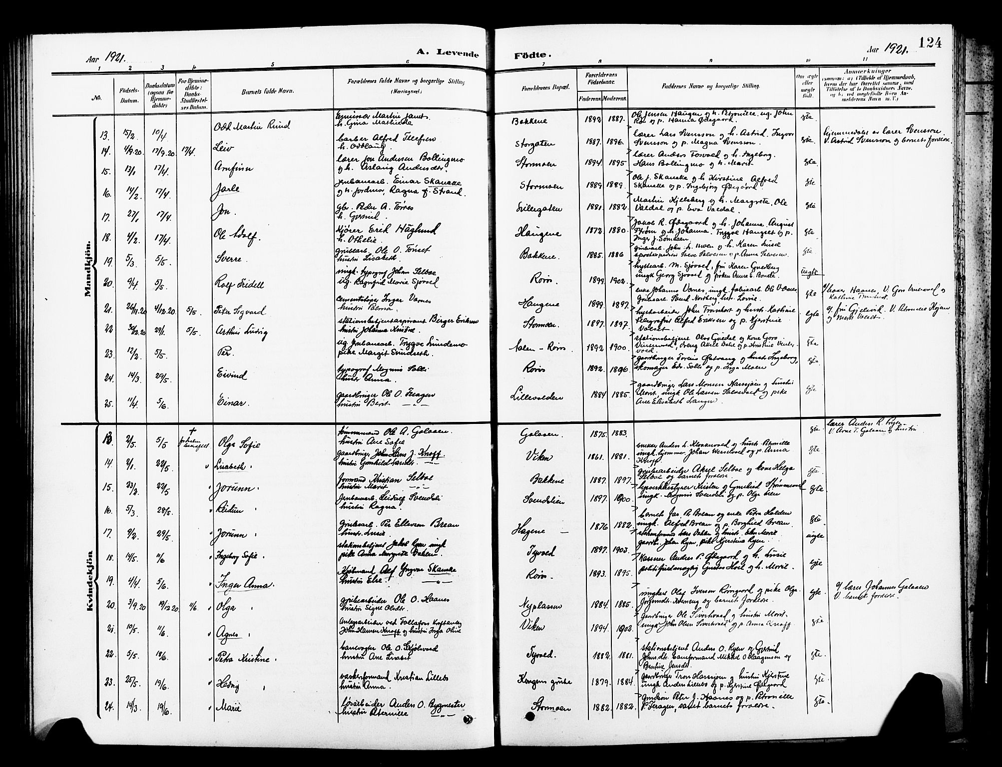 Ministerialprotokoller, klokkerbøker og fødselsregistre - Sør-Trøndelag, SAT/A-1456/681/L0942: Parish register (copy) no. 681C06, 1906-1925, p. 124