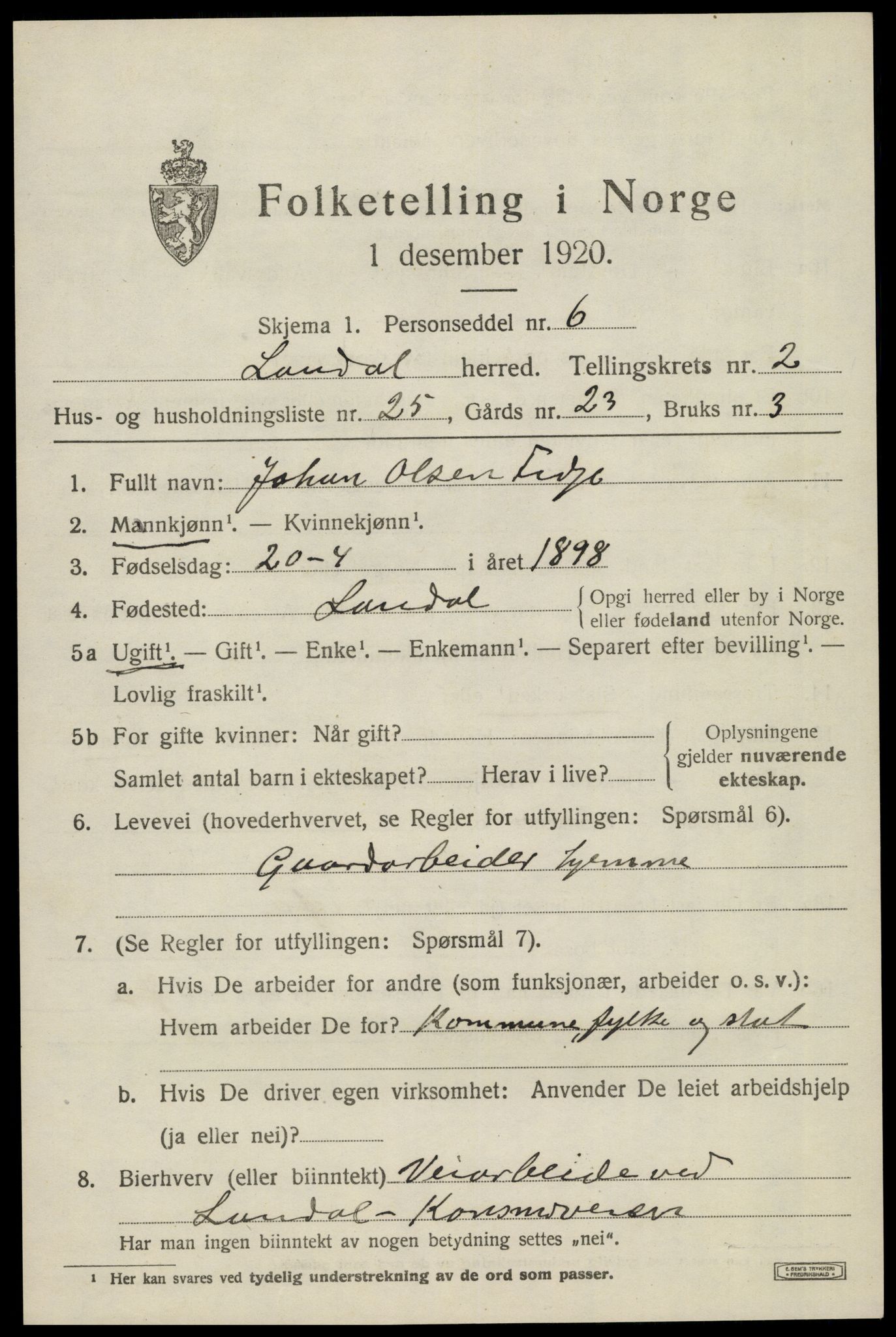 SAK, 1920 census for Laudal, 1920, p. 998