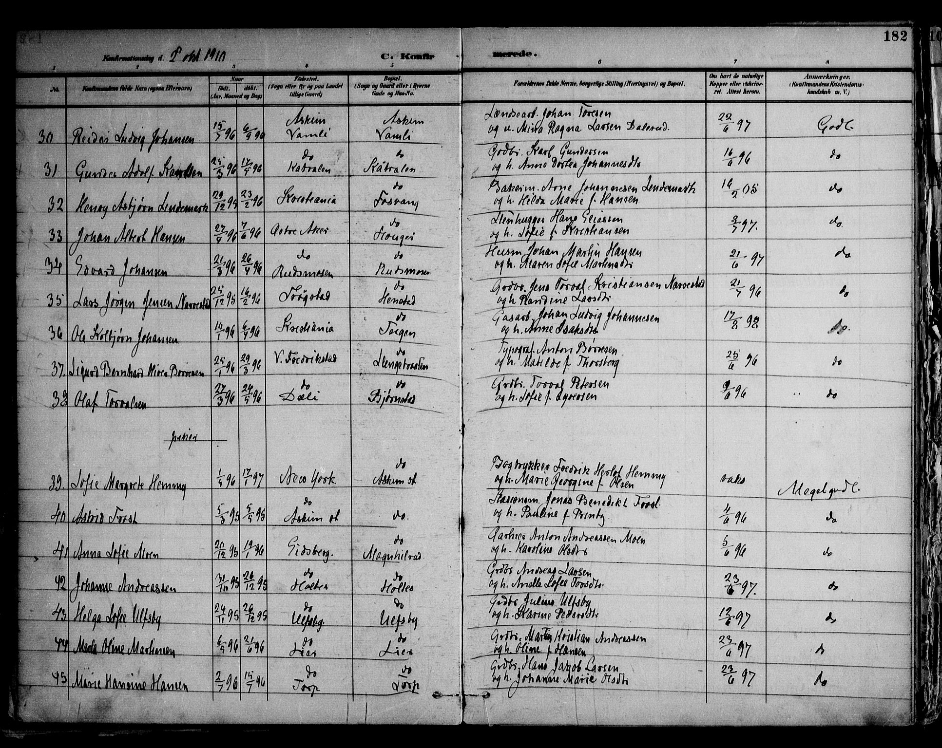 Askim prestekontor Kirkebøker, AV/SAO-A-10900/F/Fa/L0008: Parish register (official) no. 8, 1898-1912, p. 182