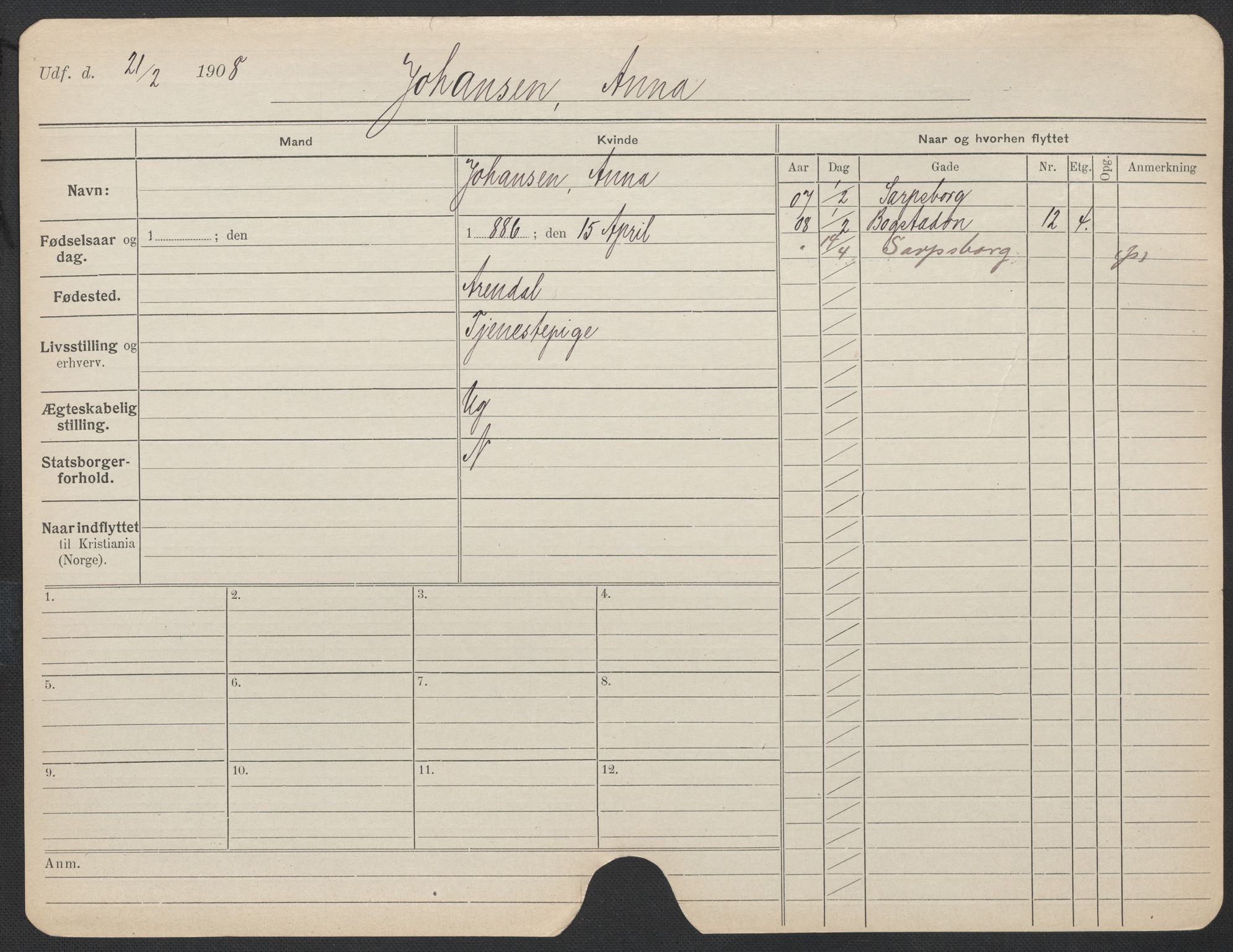 Oslo folkeregister, Registerkort, AV/SAO-A-11715/F/Fa/Fac/L0017: Kvinner, 1906-1914, p. 615a