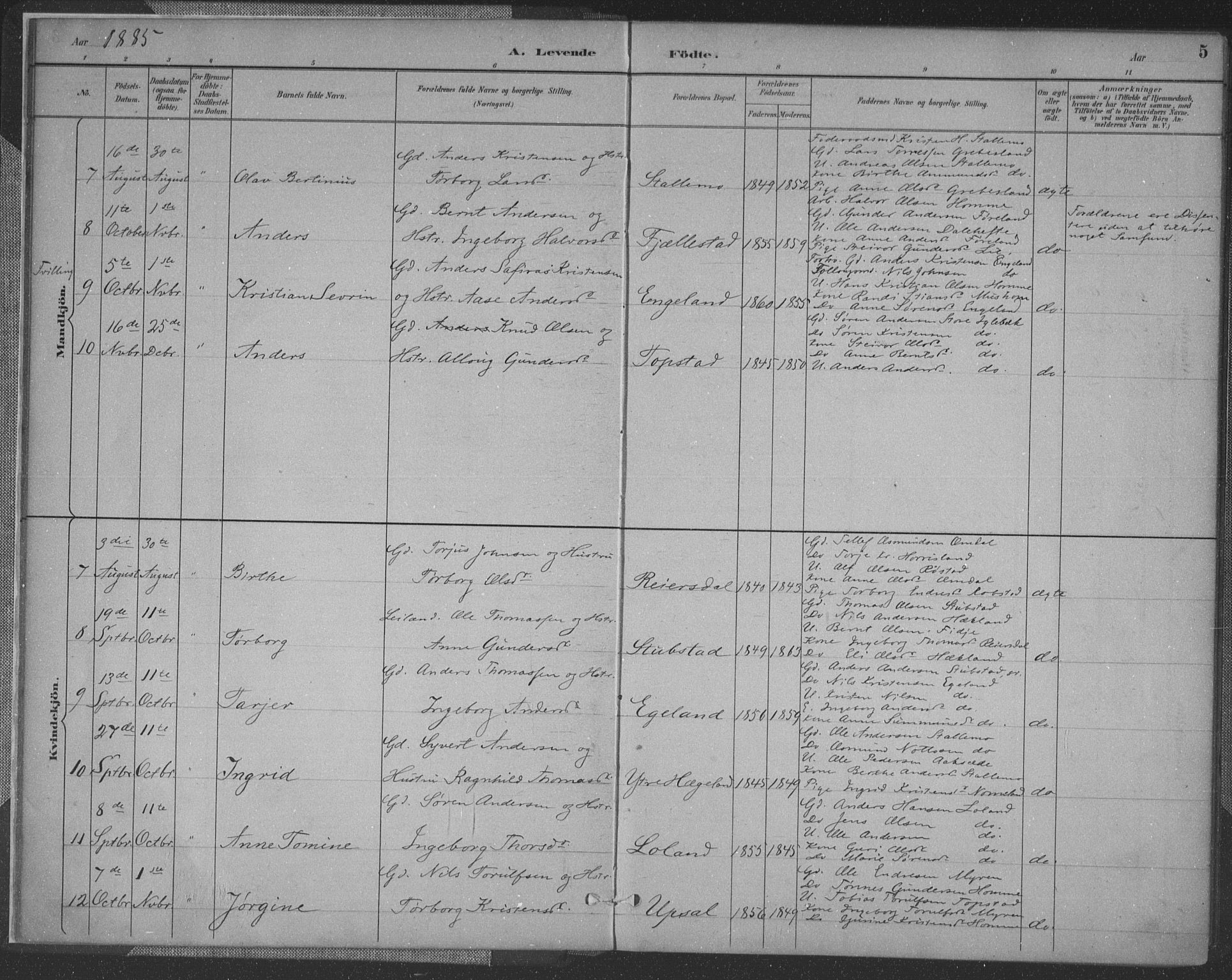 Vennesla sokneprestkontor, AV/SAK-1111-0045/Fa/Fac/L0009: Parish register (official) no. A 9, 1884-1901, p. 5