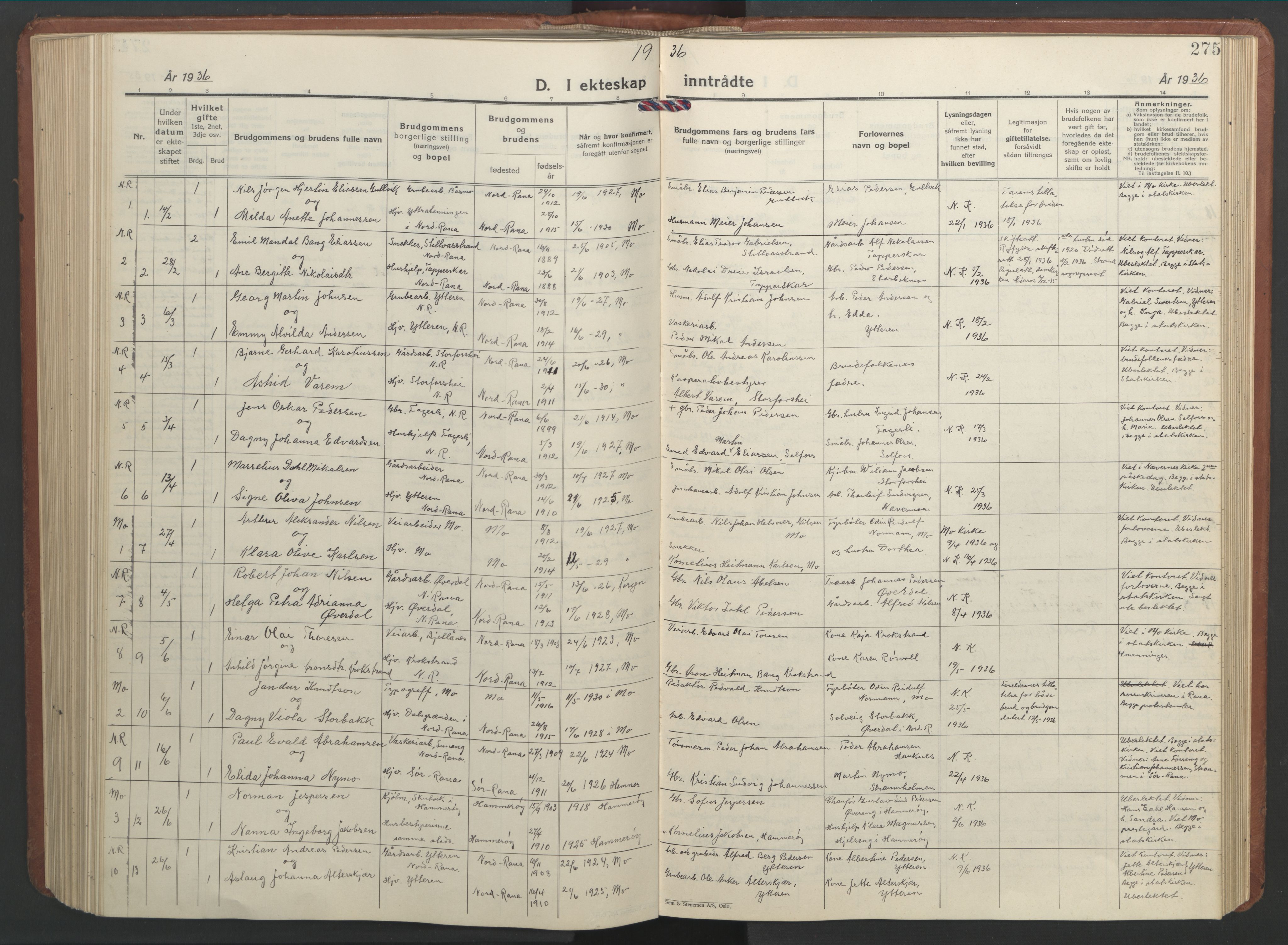 Ministerialprotokoller, klokkerbøker og fødselsregistre - Nordland, AV/SAT-A-1459/827/L0425: Parish register (copy) no. 827C14, 1931-1946, p. 275