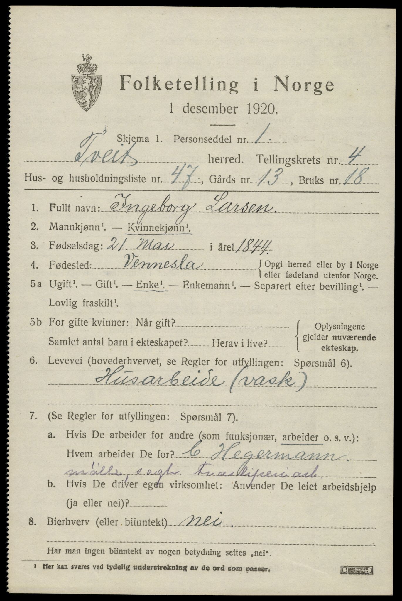 SAK, 1920 census for Tveit, 1920, p. 2416