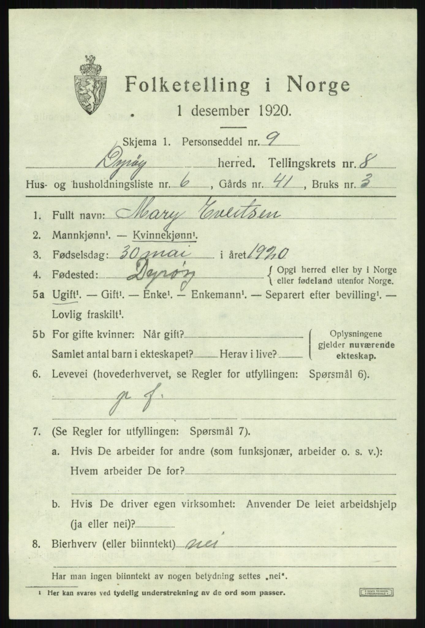 SATØ, 1920 census for Dyrøy, 1920, p. 4185