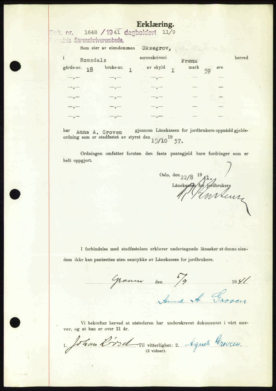 Romsdal sorenskriveri, AV/SAT-A-4149/1/2/2C: Mortgage book no. A10, 1941-1941, Diary no: : 1648/1941