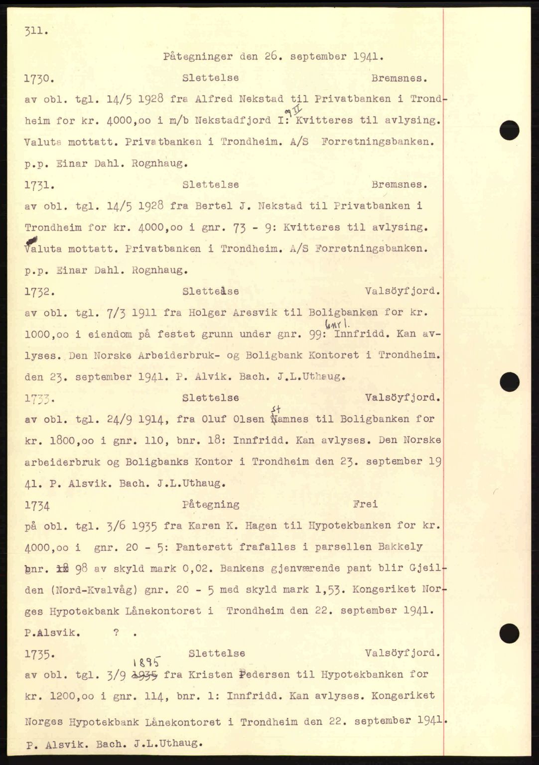 Nordmøre sorenskriveri, AV/SAT-A-4132/1/2/2Ca: Mortgage book no. C81, 1940-1945, Diary no: : 1730/1941