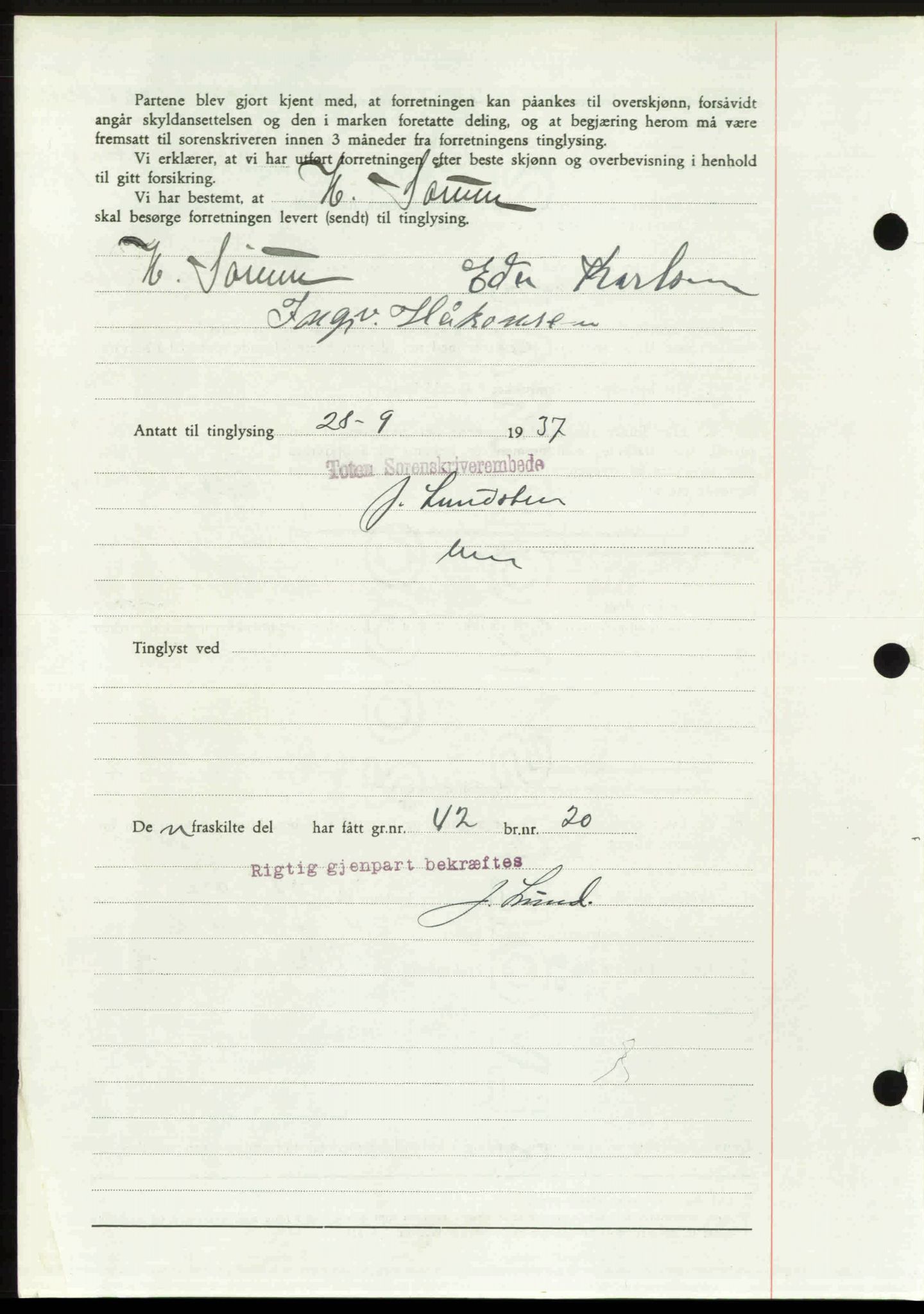 Toten tingrett, SAH/TING-006/H/Hb/Hbc/L0003: Mortgage book no. Hbc-03, 1937-1938, Diary no: : 2258/1937