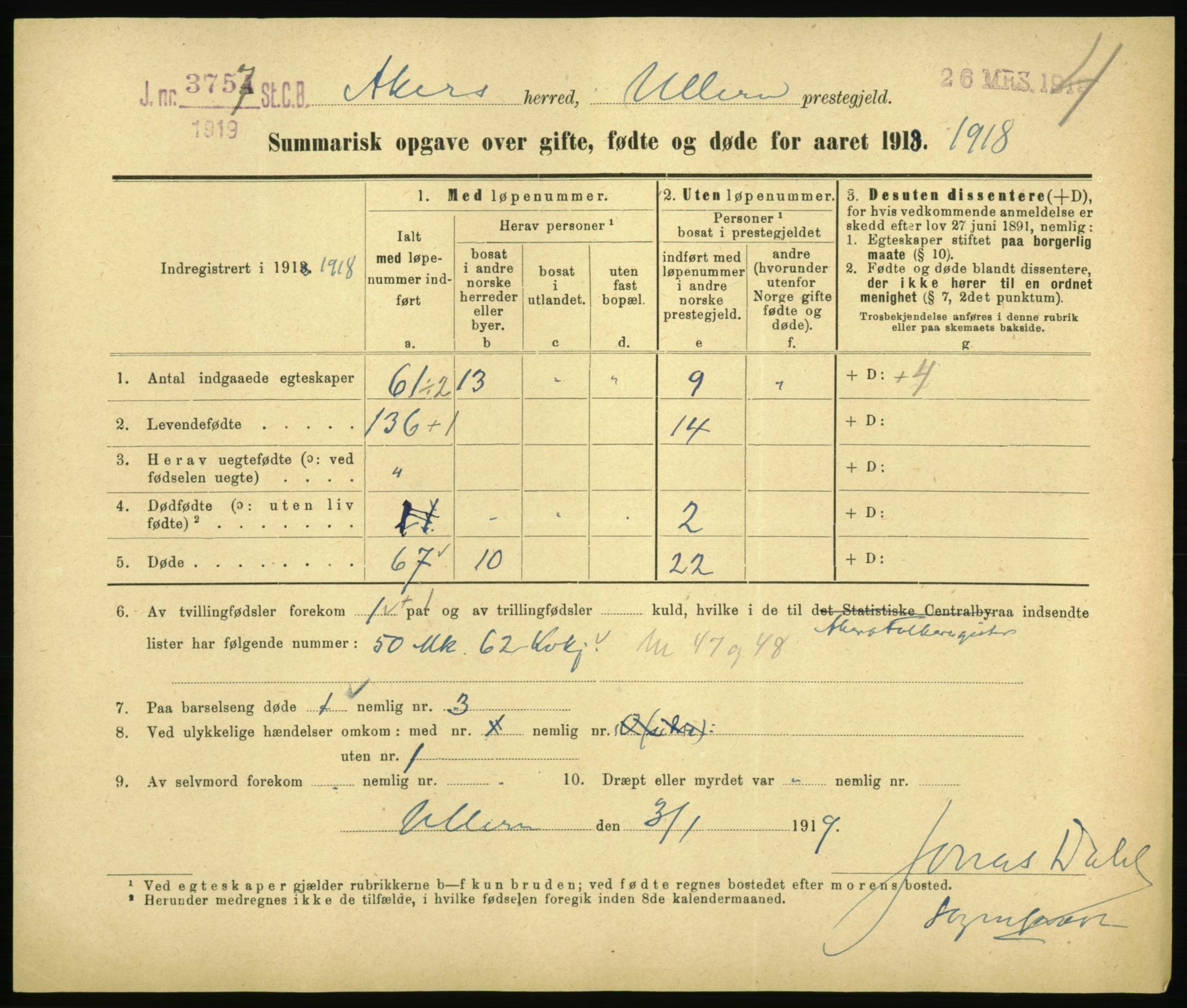 Statistisk sentralbyrå, Sosiodemografiske emner, Befolkning, RA/S-2228/D/Df/Dfb/Dfbh/L0059: Summariske oppgaver over gifte, fødte og døde for hele landet., 1918, p. 179