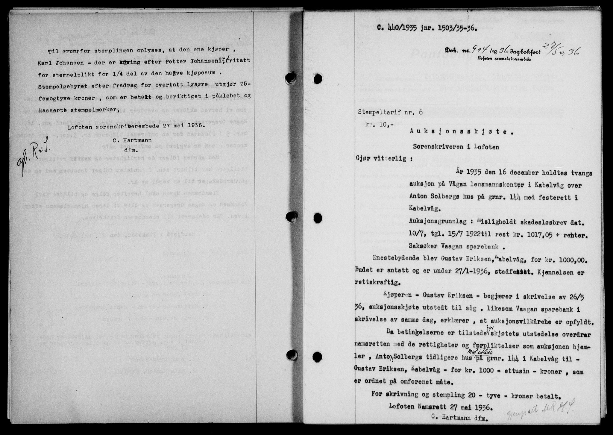 Lofoten sorenskriveri, SAT/A-0017/1/2/2C/L0033b: Mortgage book no. 33b, 1936-1936, Diary no: : 904/1936