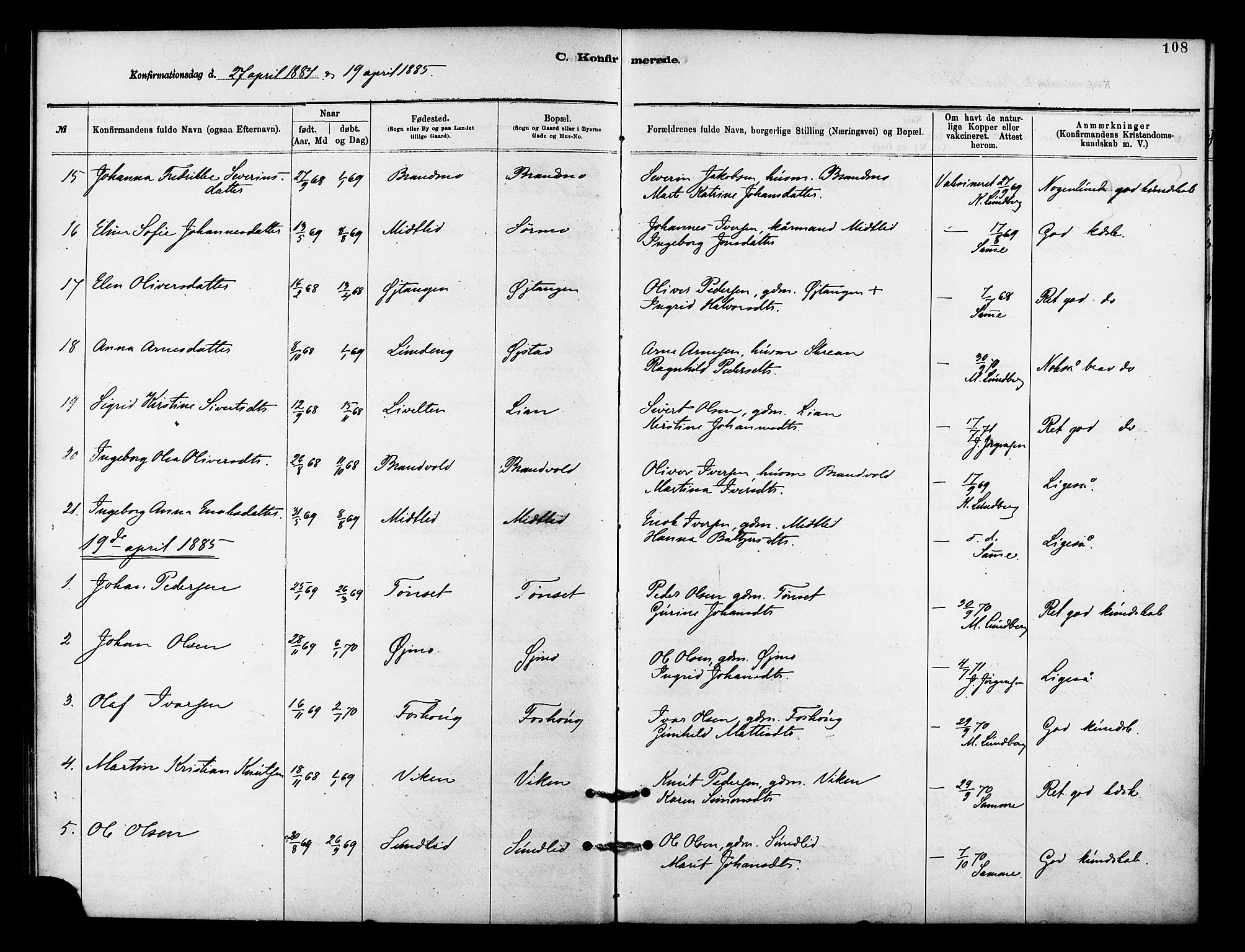 Målselv sokneprestembete, SATØ/S-1311/G/Ga/Gaa/L0009kirke: Parish register (official) no. 9, 1878-1889, p. 108
