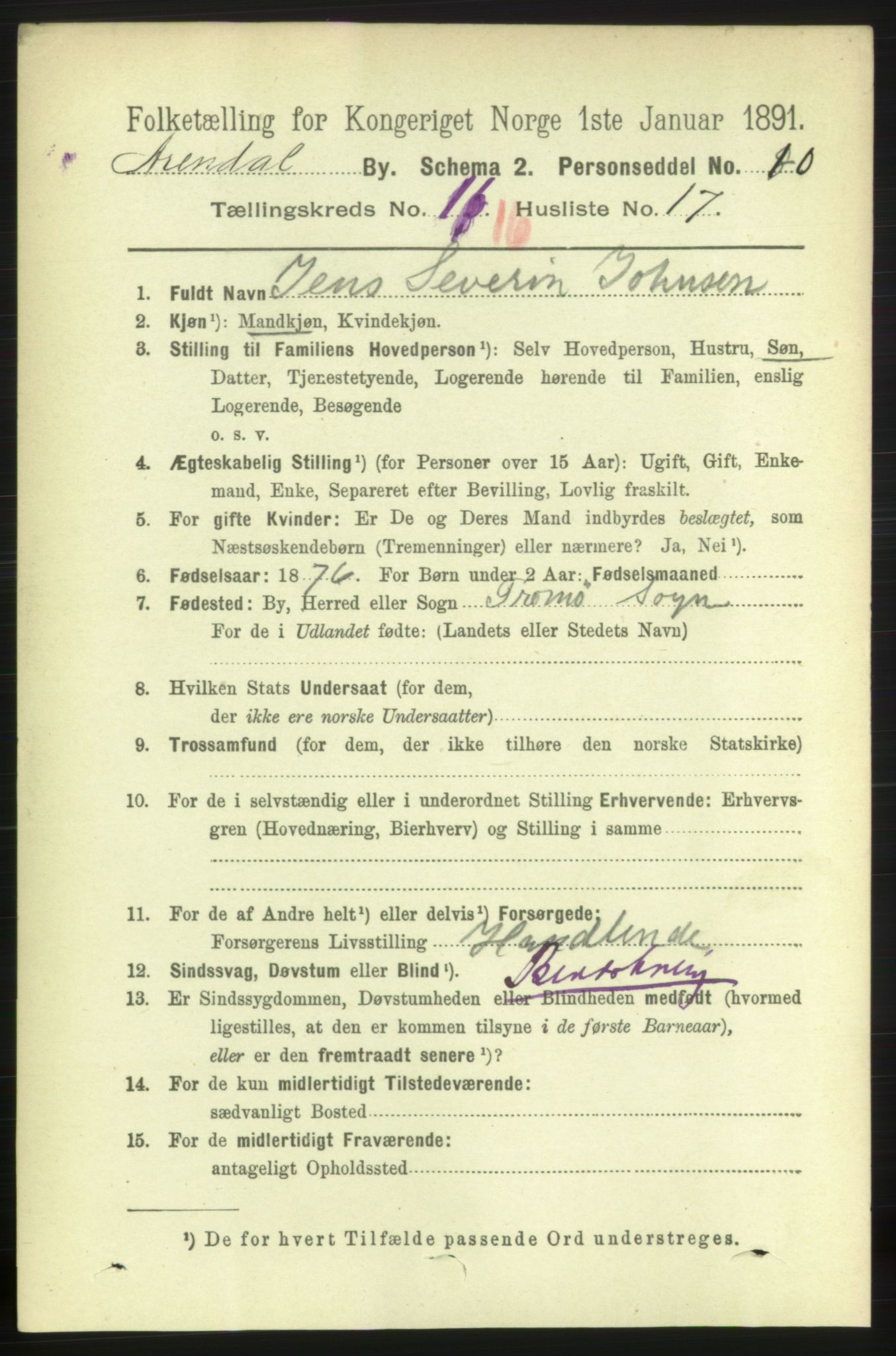 RA, 1891 census for 0903 Arendal, 1891, p. 5579